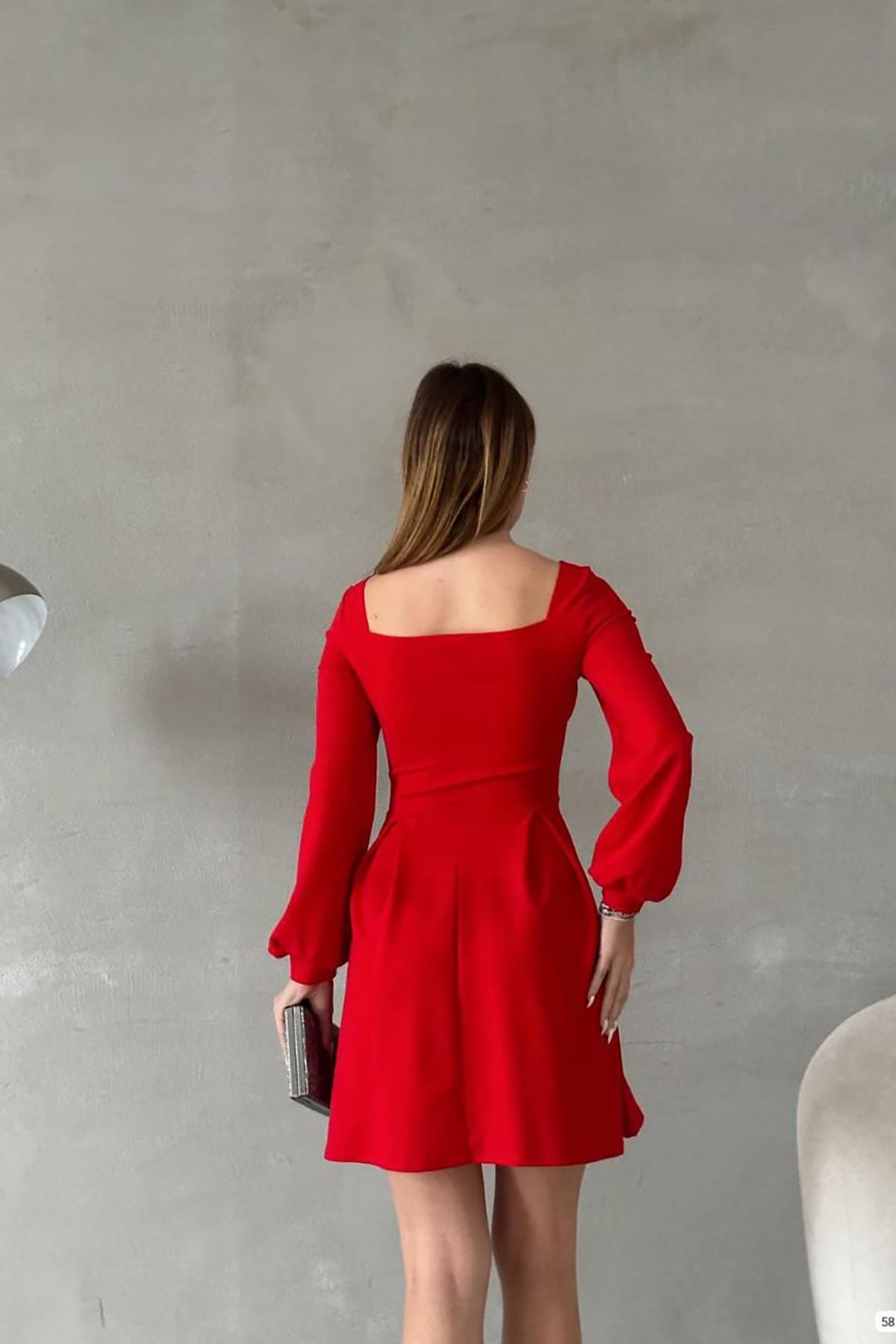 Deafox-Rotes Basic-Kleid mit langen Ärmeln und quadratischem Kragen aus importiertem Kreppstoff 5