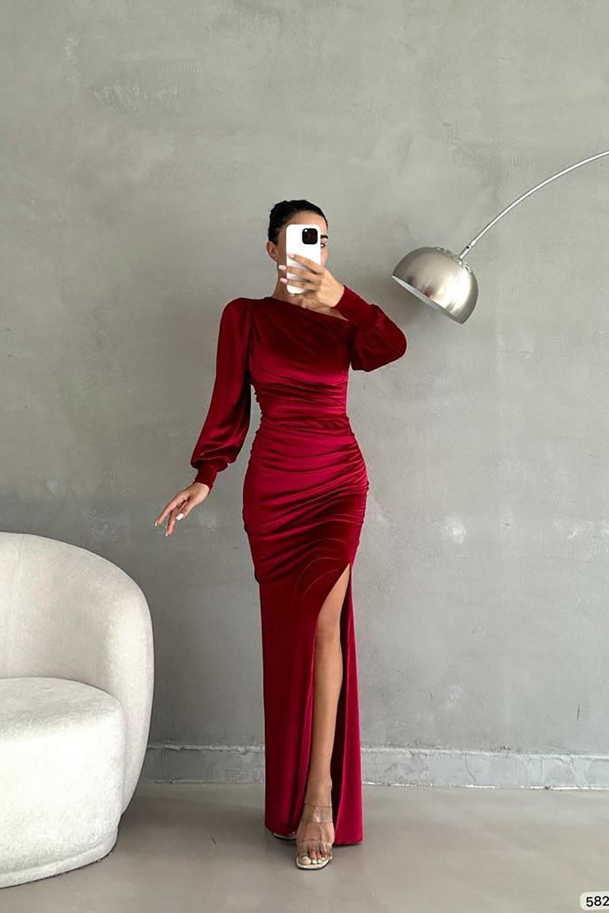 Deafox Bordó egy váll nyitott részletek bársony szövet Maxi Length hosszú ujjú ruha