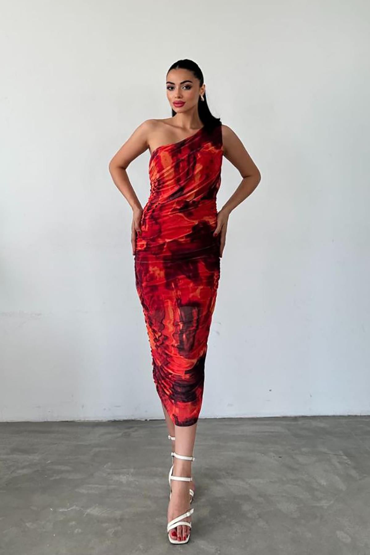 Deafox-One Shoulder Red Patterned Draped Midi Dress 3