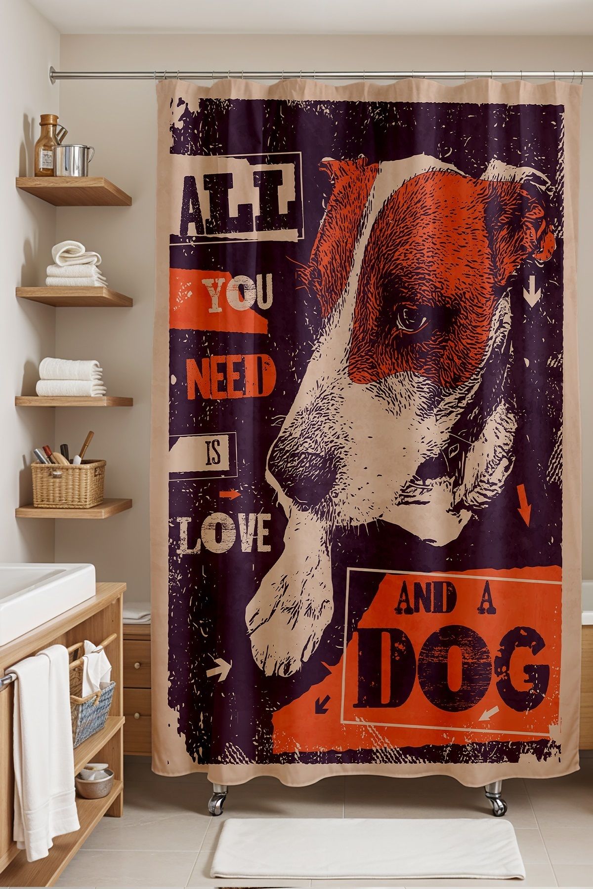EVPANYA Banyo Perdesi, Retro Yazılı Köpek Poster Desenli Duş Perdesi, Küvet Perdesi 175x200cm