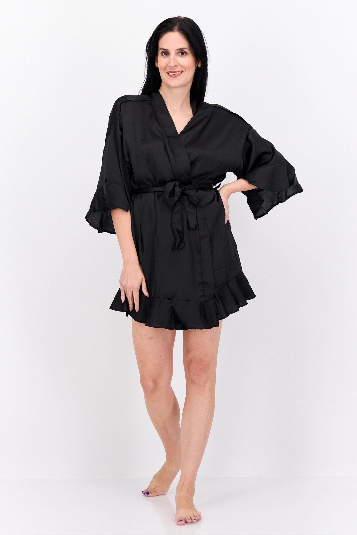 Brave Soul-Women Plain Short Sleeves Belted Robe, Black 4