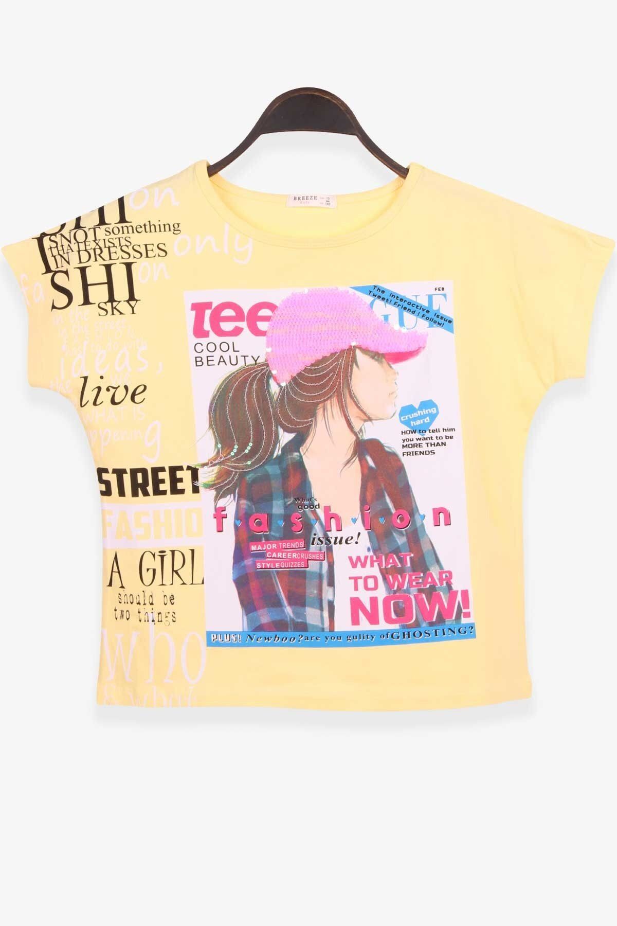 Breeze-Yellow Portrait Printed Sequin Girl's T-Shirt 10-16 Years 1