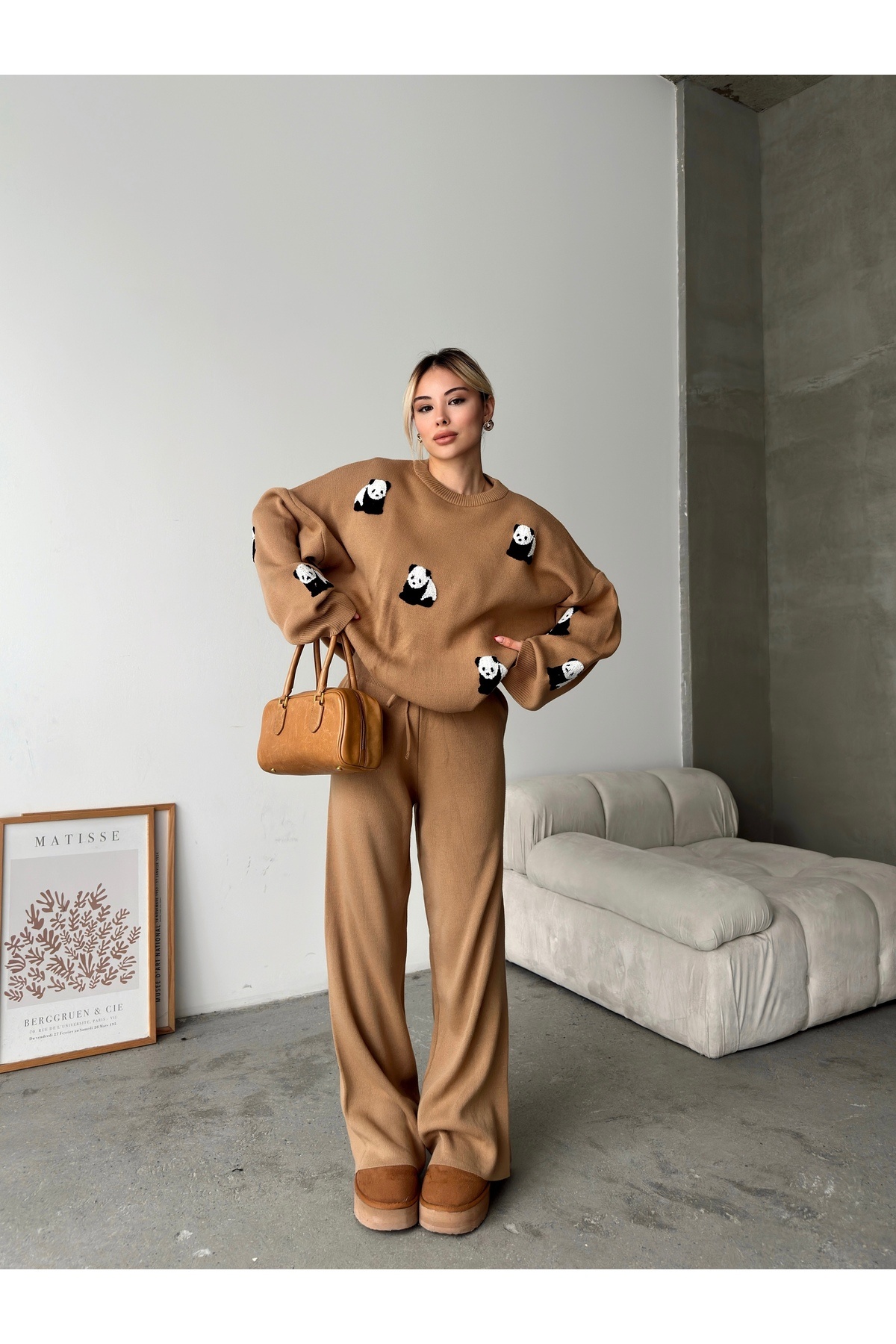 Butik Sevimli Panda Desenli Triko Takım – 6 Renk Alternatifli Kombin