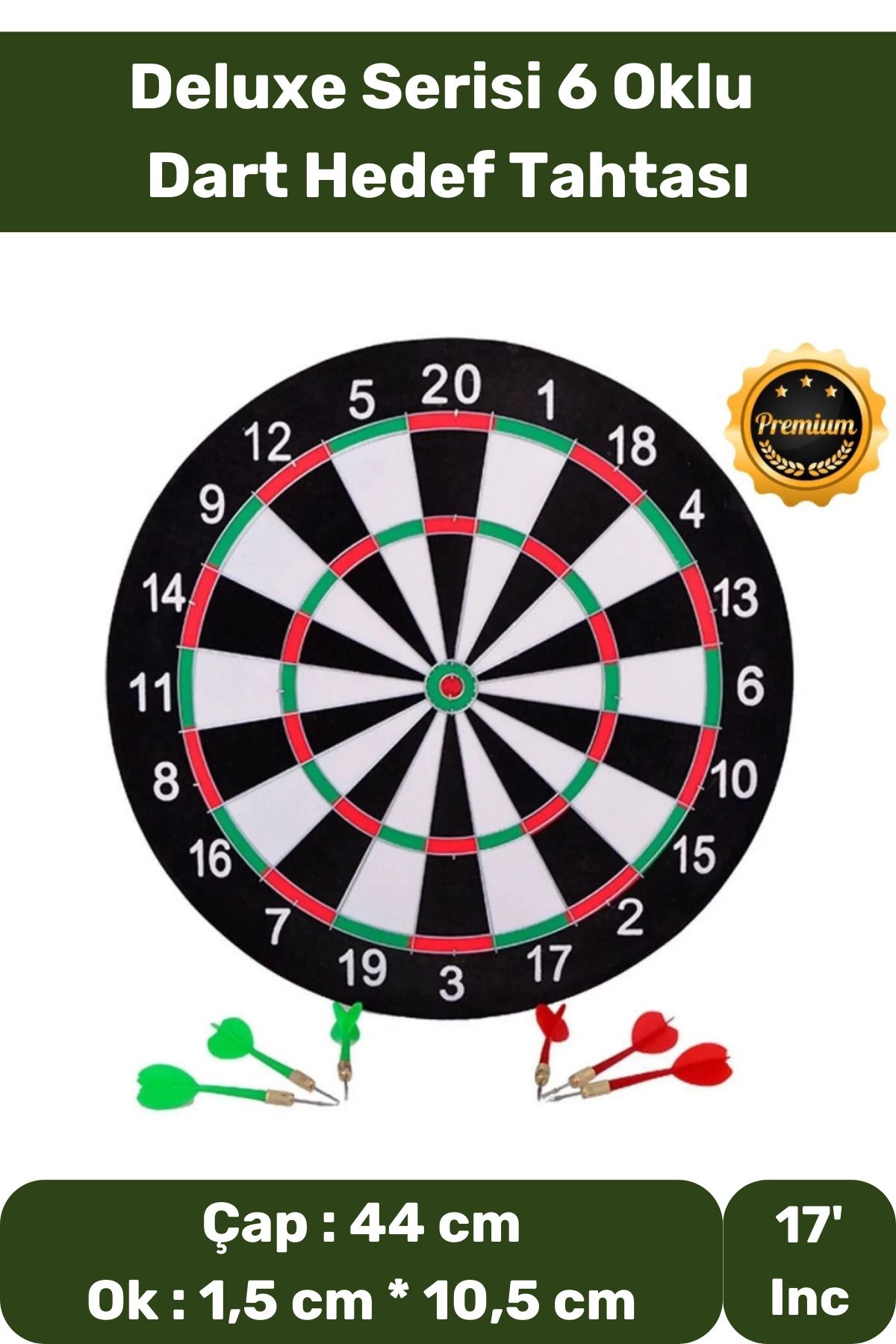 Lidyacottone Premium Seri büyük Boy Dart Seti Kaliteli 17' Iç Dış 44 Cm 6 Ok Dart Ahşap Hedef Tahtası