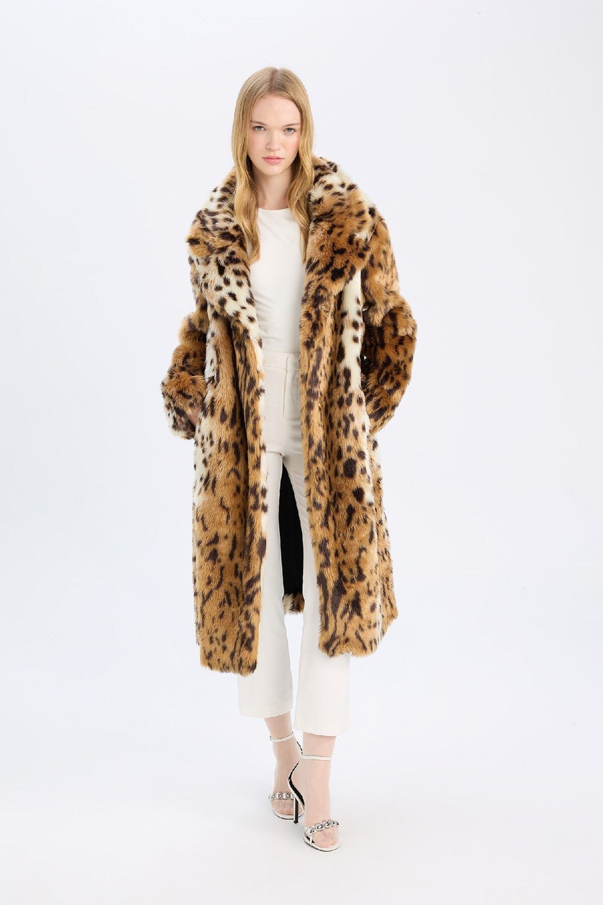 DeFacto-Relax Fit Leopard Print Jacket Collar Long Faux Fur Coat with Pockets D4005Ax24Wn 5