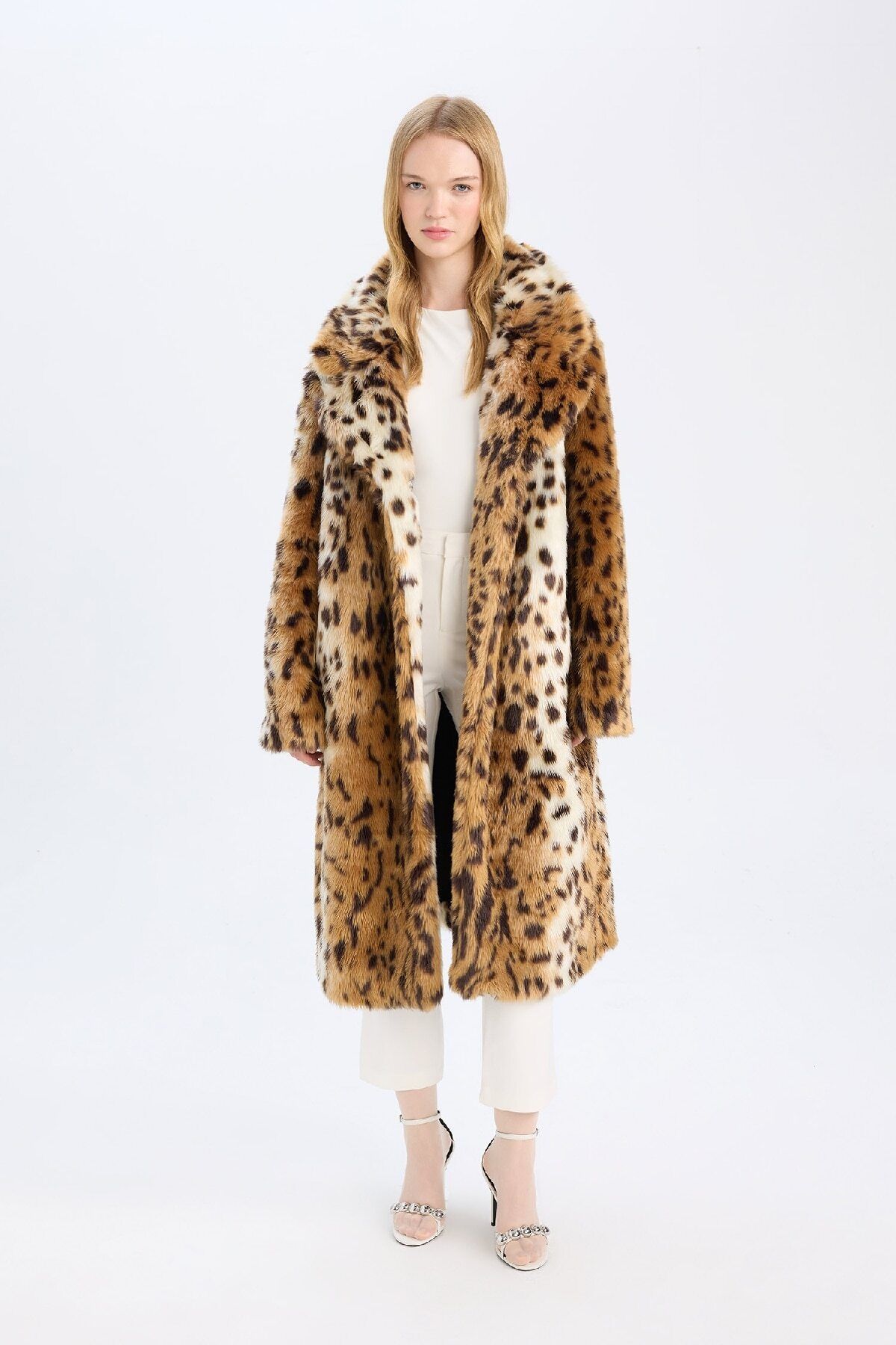 DeFacto-Relax Fit Leopard Print Jacket Collar Long Faux Fur Coat with Pockets D4005Ax24Wn 6