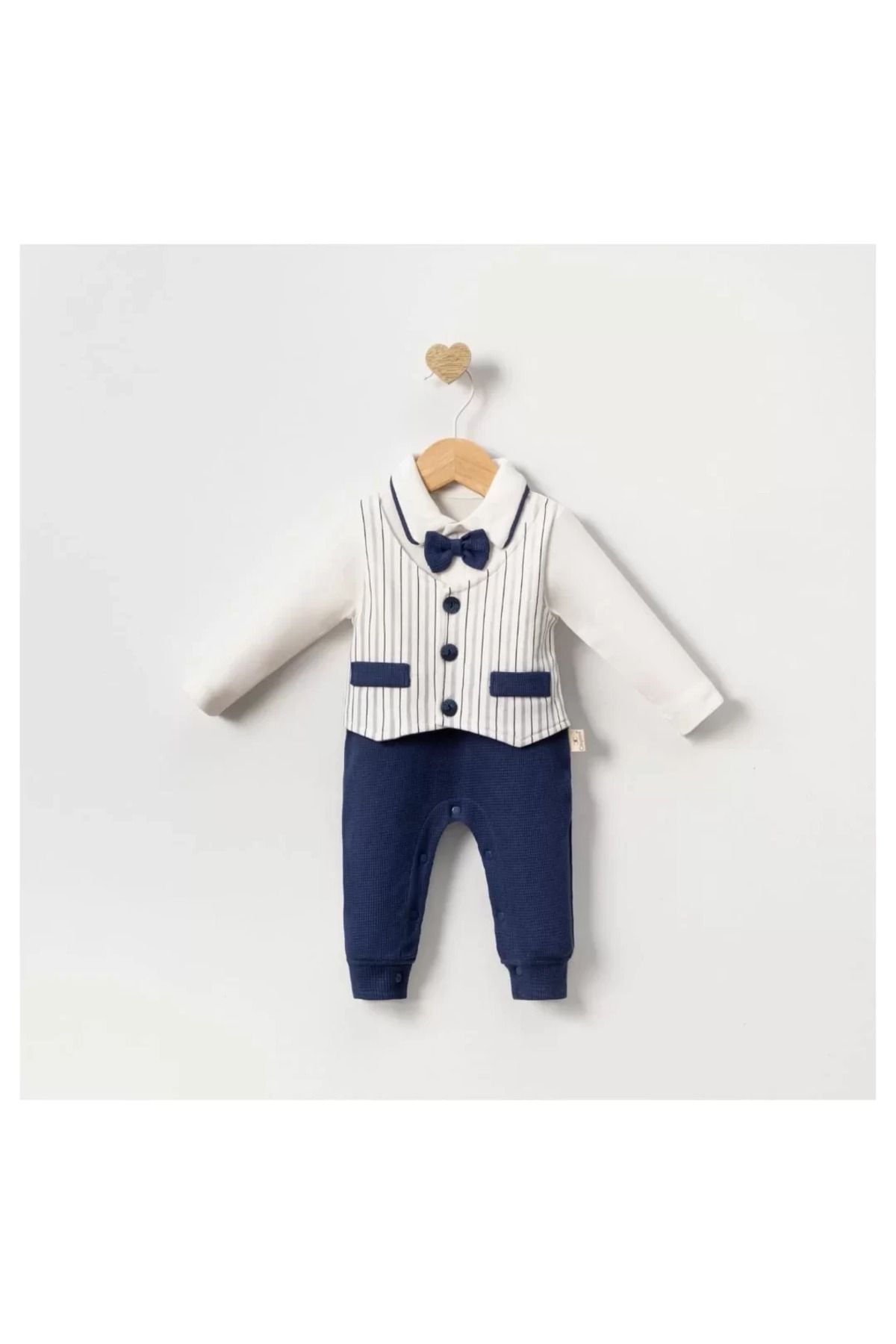 melonika-Striped Bow Tie Baby Boy Jumpsuit 100% Cotton 1