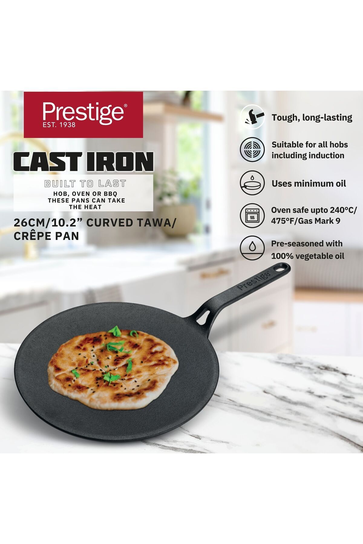 Prestige Pre-seasoned Cast Iron Curved Tawa Induction Base 26 Cm