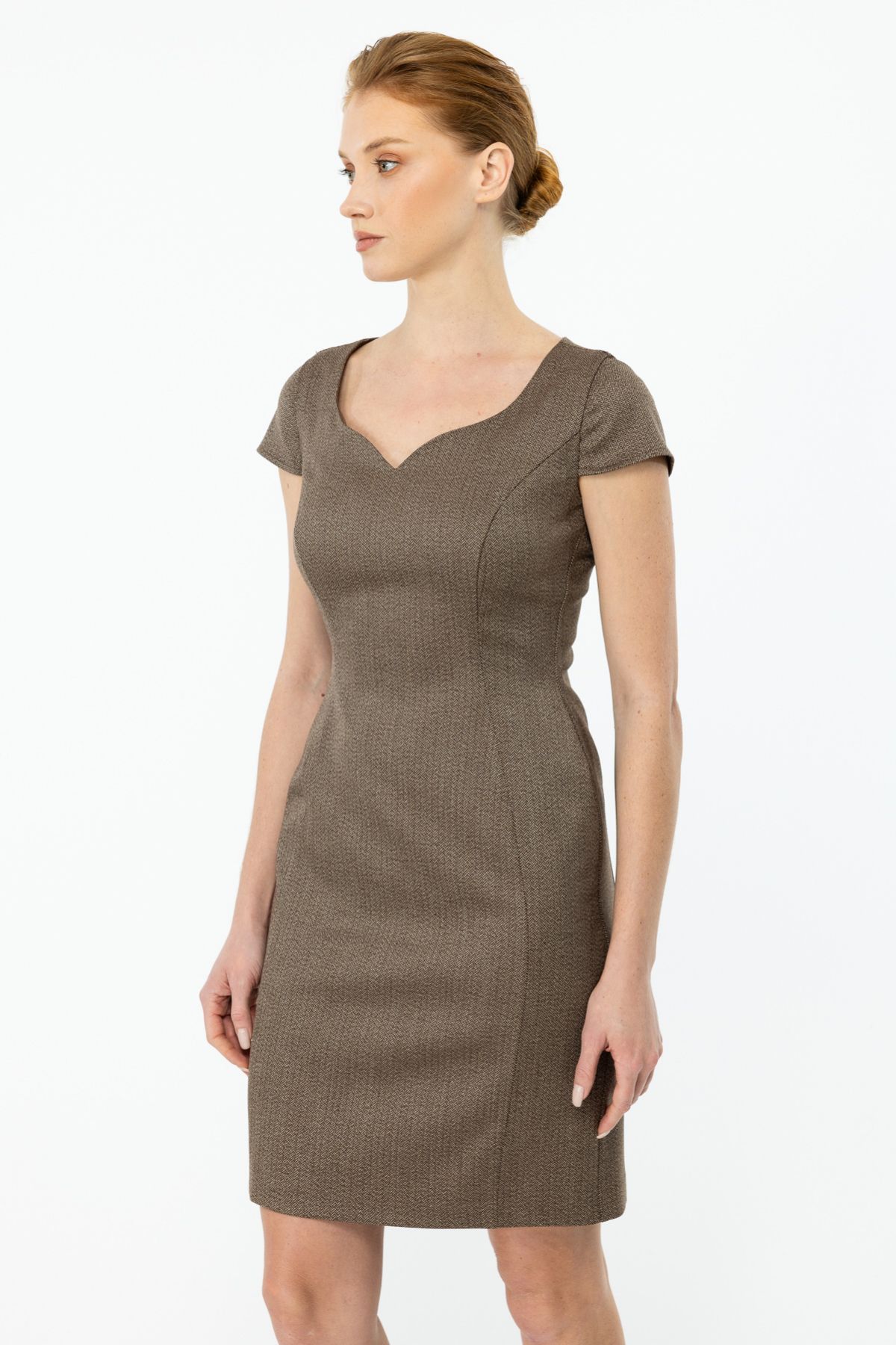 Ekol-Rochie midi pentru femei cu model în oase de pește - 5159 Cocoa 4