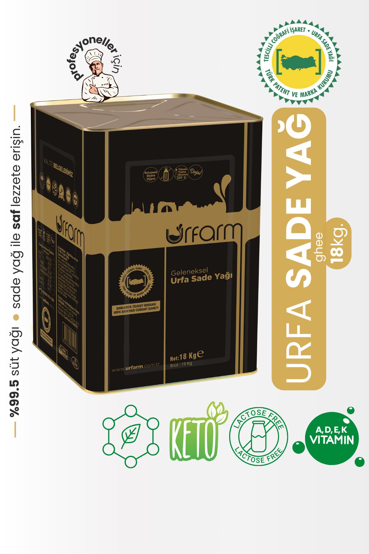 URFARM Sadeyağ (Ghee) 18 kg – Laktozsuz, Kazeinsiz, Ketojenik Saf Yağ Sade Yağ