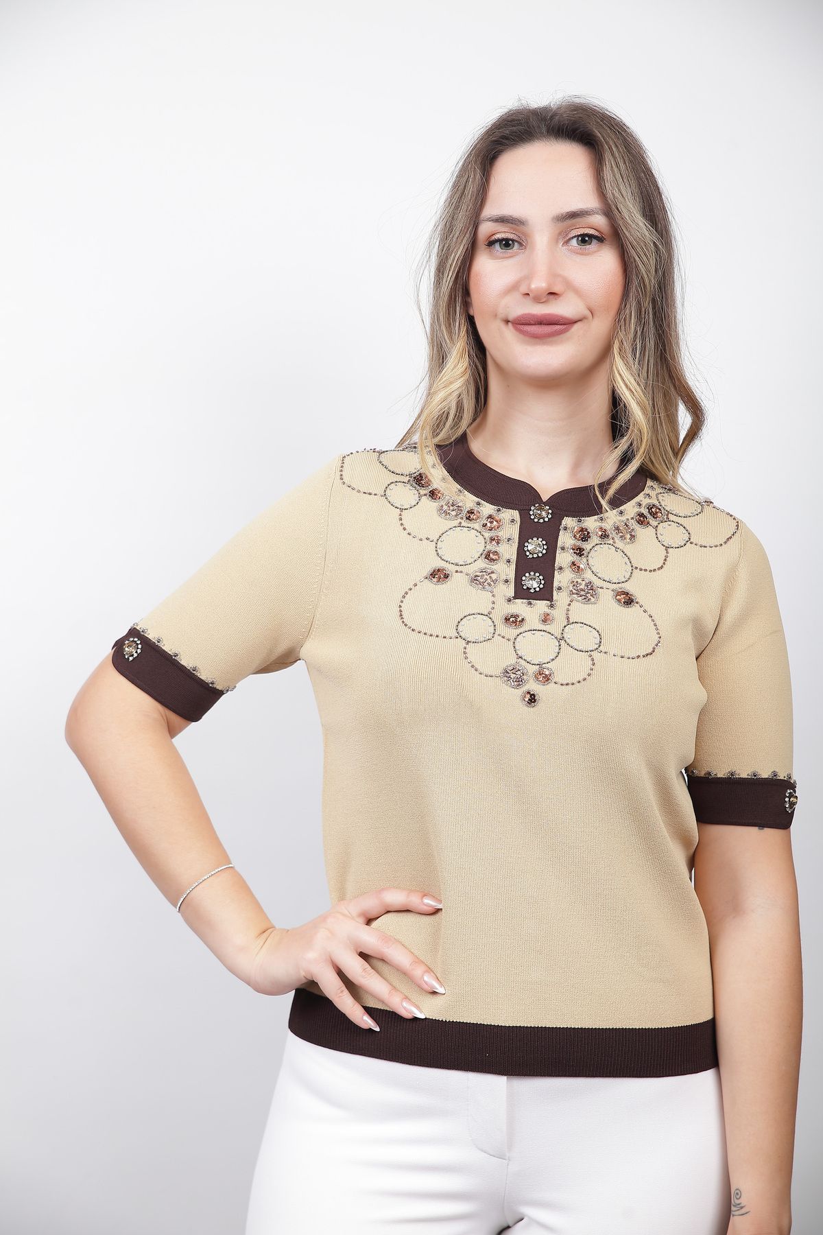 Sude-Beige Women's Knitwear Blouse - 6415 1