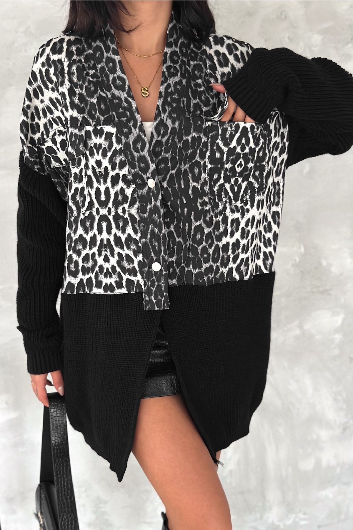 FEMELLE-Women's Black and White Leopard Pattern Standard Size Knitwear Detailed Design Oversize Denim Jacket 1