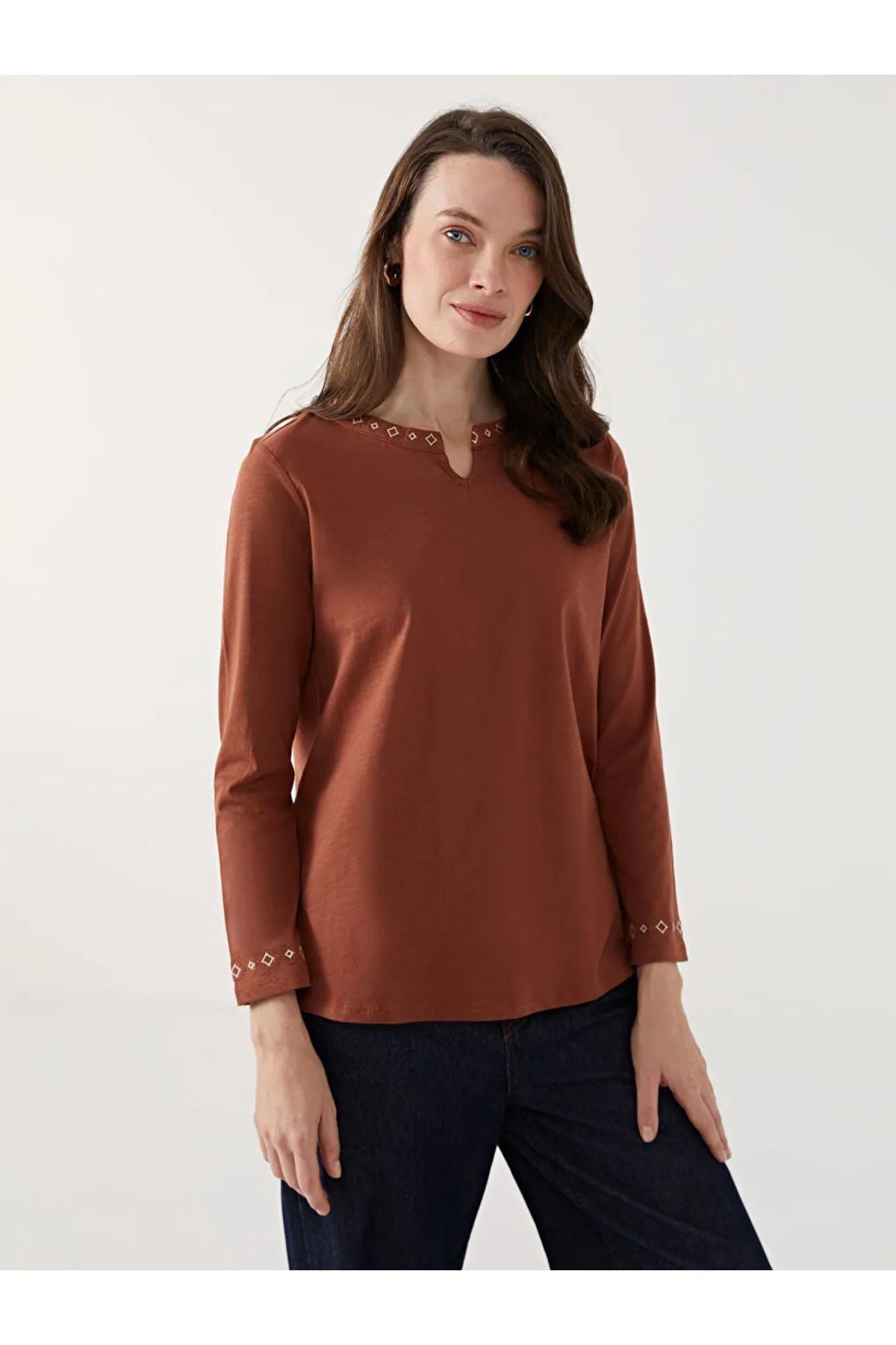 LC Waikiki-Lcw Grace Brown Leak Neck Embroidered Women's Blouse 1