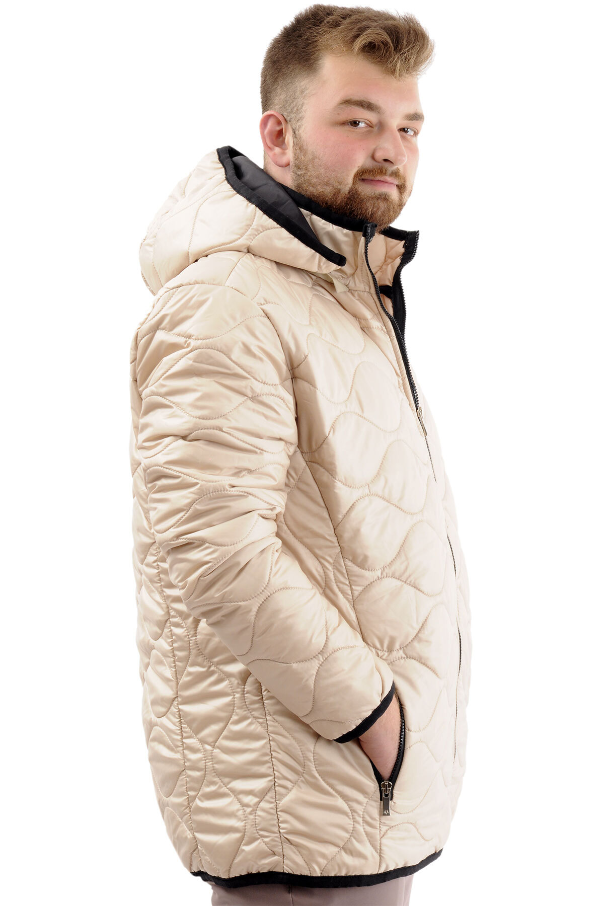 ModeXL Mode XL Büyük Beden Erkek Kapitone Kalın Mont Cepli Kapüşonlu U24604 Bej görsel 3