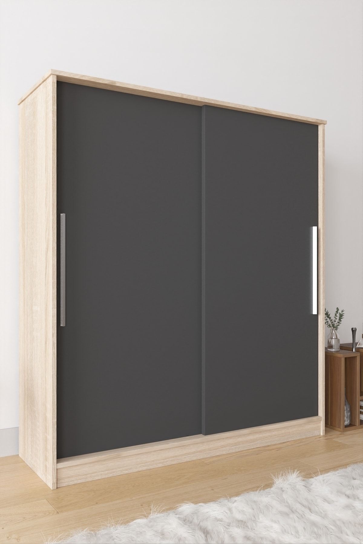 AE-4001 Lily Sliding Wardrobe Multi-Rack Drawer Hanging Anthracite Grey Wardrobe