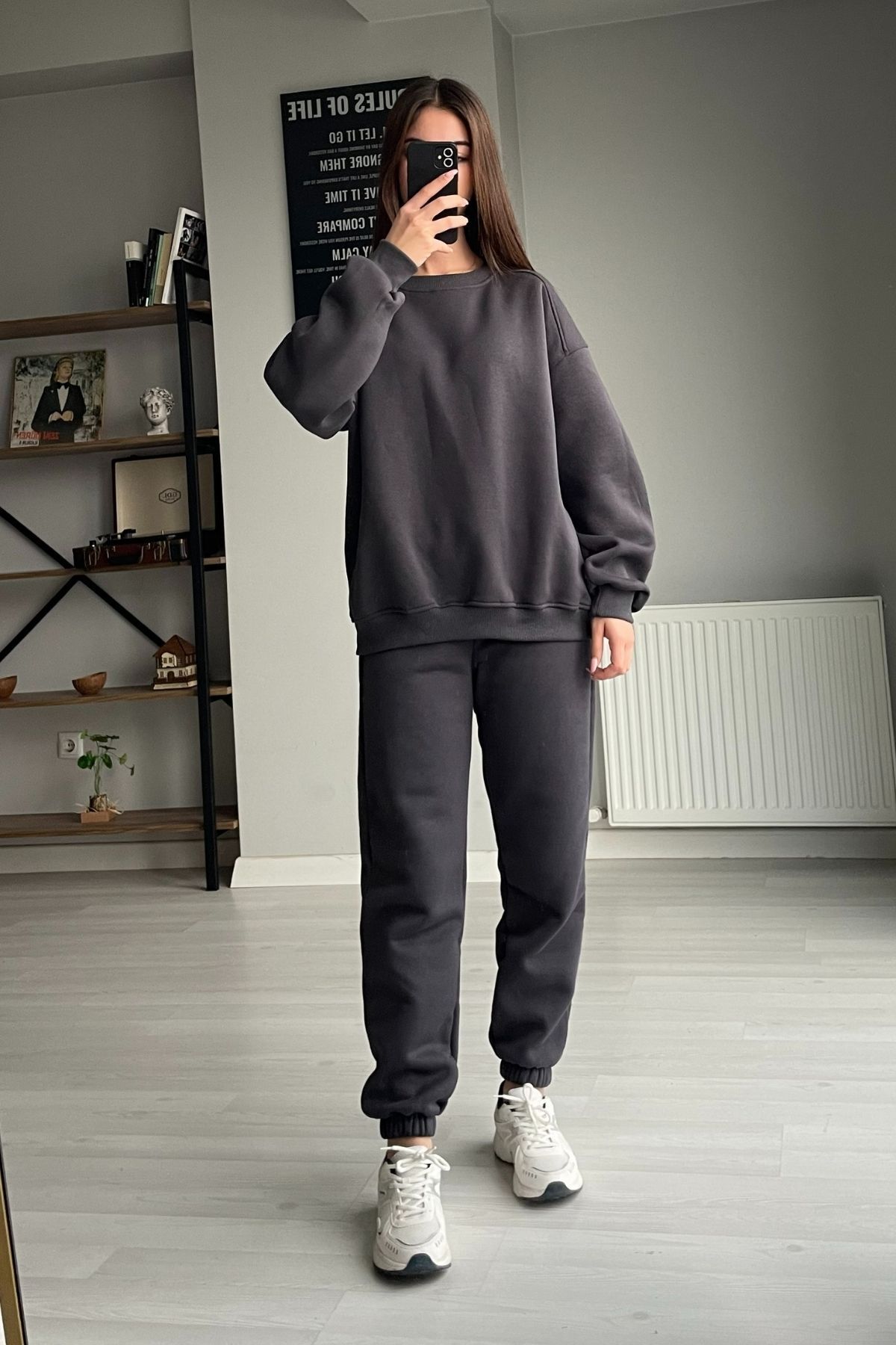 Orihime-Women's Anthracite Oversize Wide 3 Thread Fleece Raised Crew Neck Tracksuit Set 1