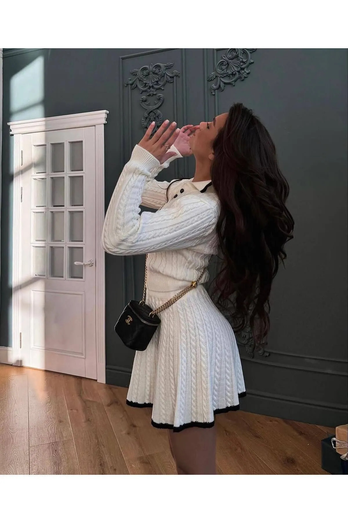 Cistern İstanbul-Women's White Polo Neck Stripe Detailed Skirt Sweater Double Set 4