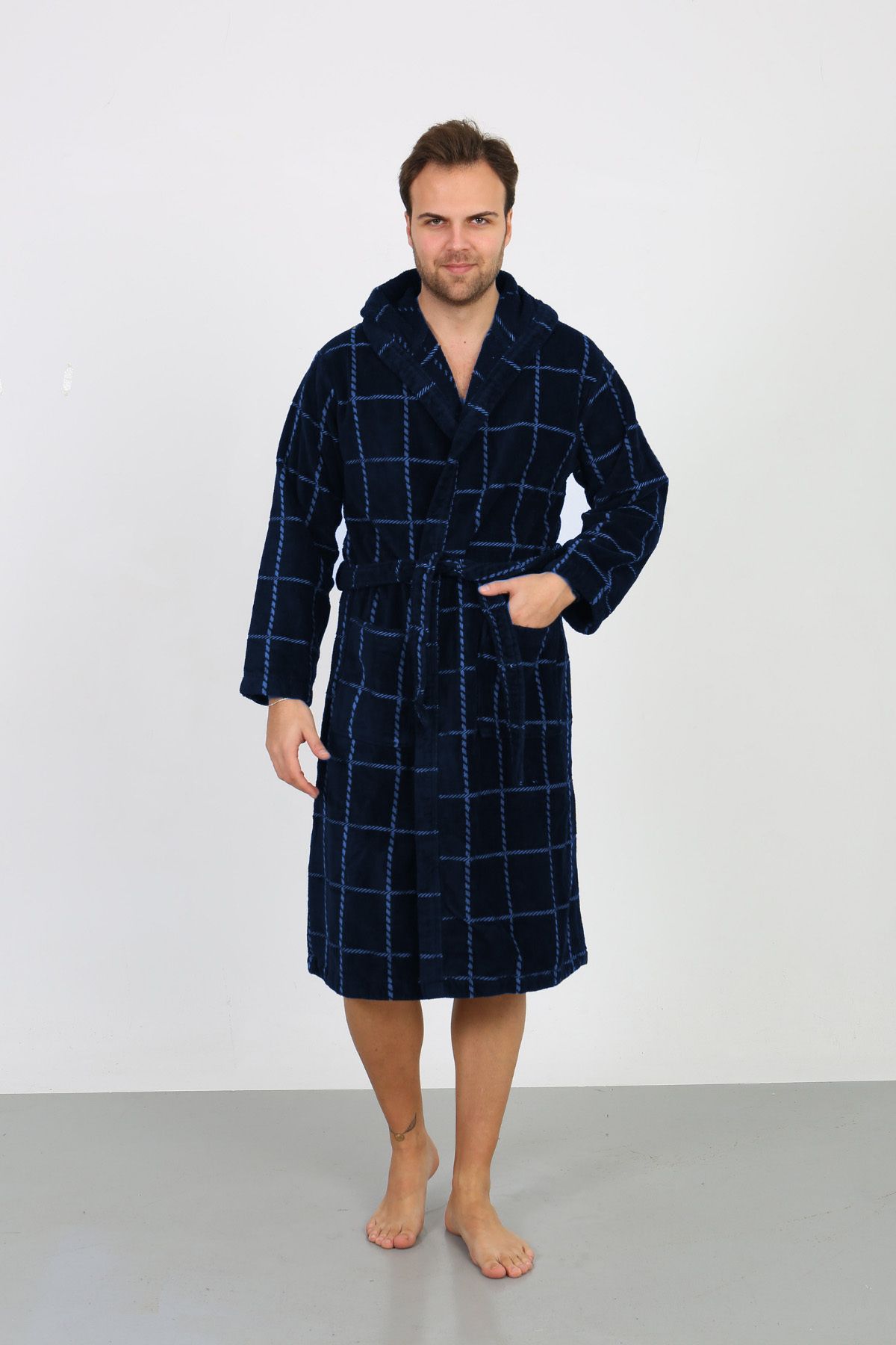 Homelover-Navy Blue Square Striped Hooded Ultra Luxury High Absorption Men's Bathrobe - 100% Cotton 2