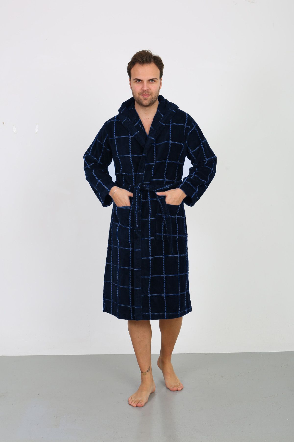 Homelover-Navy Blue Square Striped Hooded Ultra Luxury High Absorption Men's Bathrobe - 100% Cotton 7