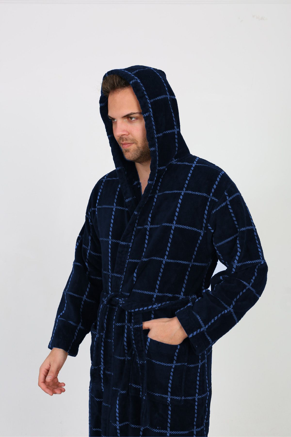 Homelover-Navy Blue Square Striped Hooded Ultra Luxury High Absorption Men's Bathrobe - 100% Cotton 5