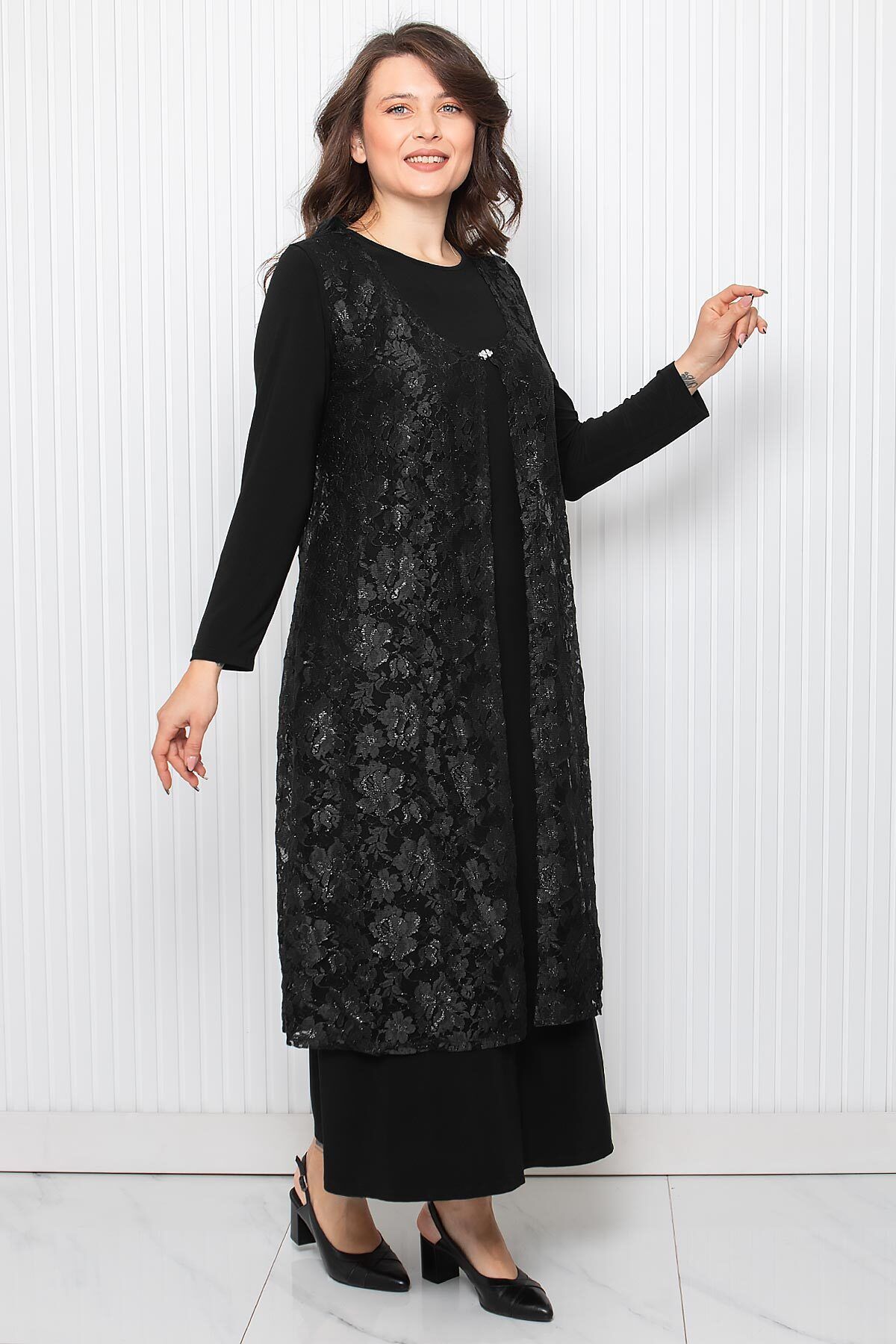 DENİMİNİ-Plus Size Hijab Evening Vest and Gown Set - Black Dnm3210 4