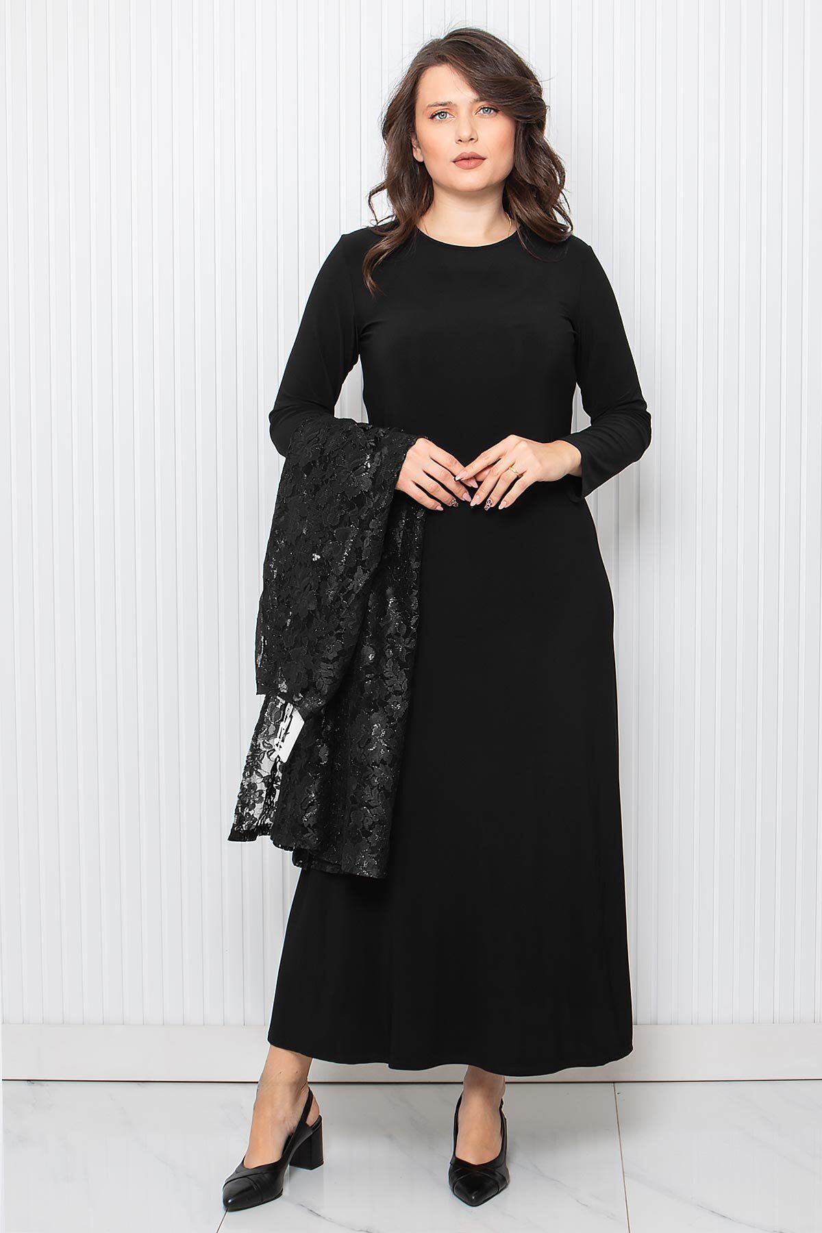 DENİMİNİ-Plus Size Hijab Evening Vest and Gown Set - Black Dnm3210 3