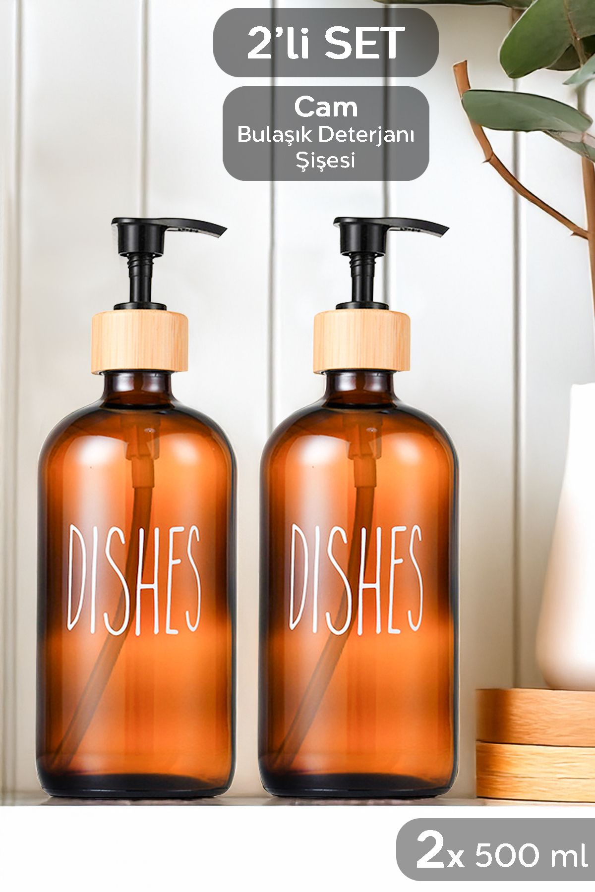 Meleni Home-Amber 500 ml Kitchen Liquid Soap Dispenser - Glass Dishwashing Detergent 2 Pieces 1