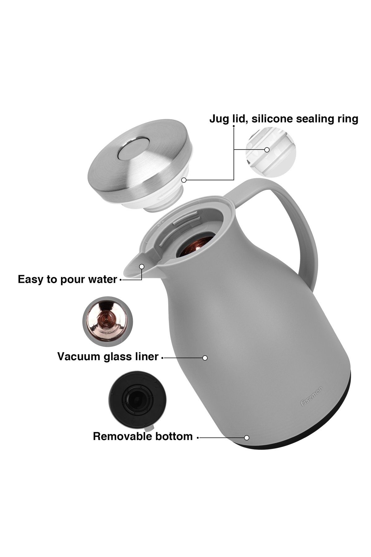 Fissman-Vacuum Insulated Flask, 1000 ml, Modern Dallah, Stainless Steel Lid Grey 3