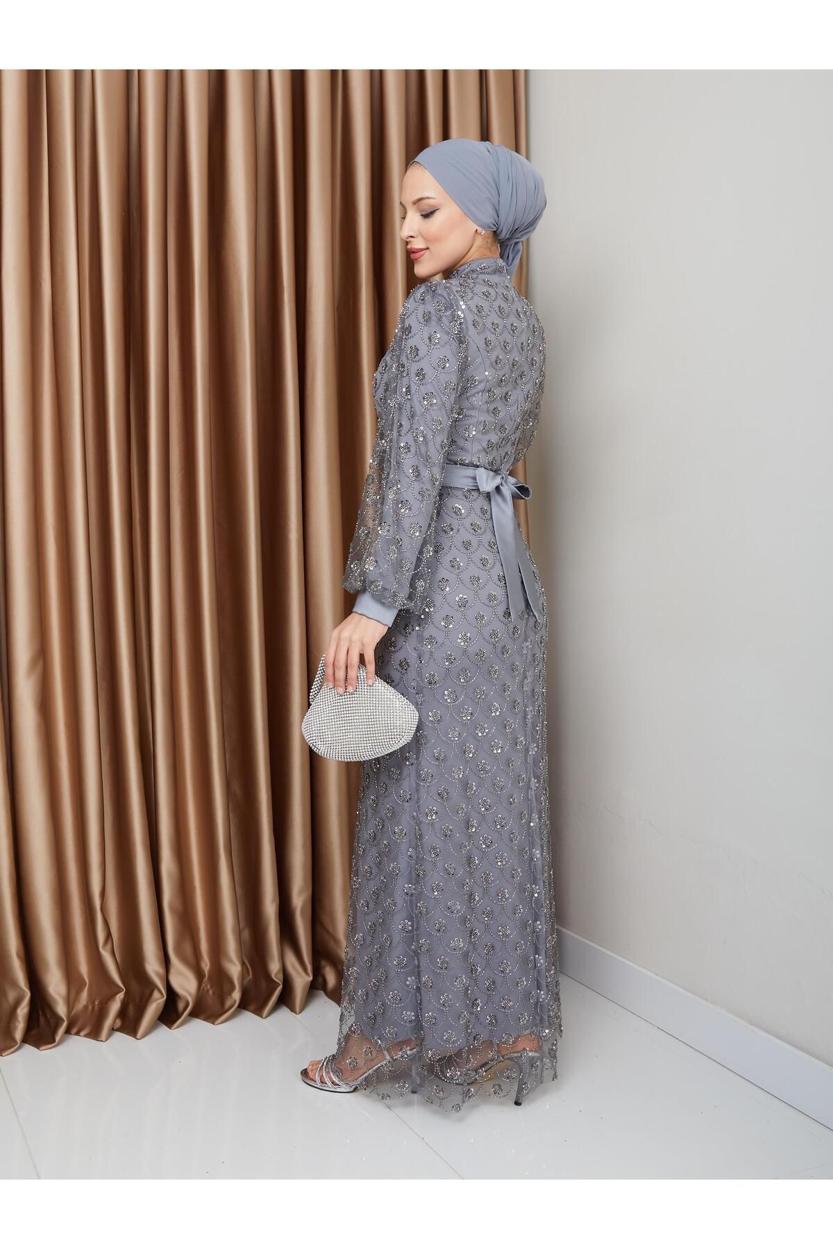 Olcay-Gray Sequined and Beaded Belted Hijab Evening Dress - 1229 7