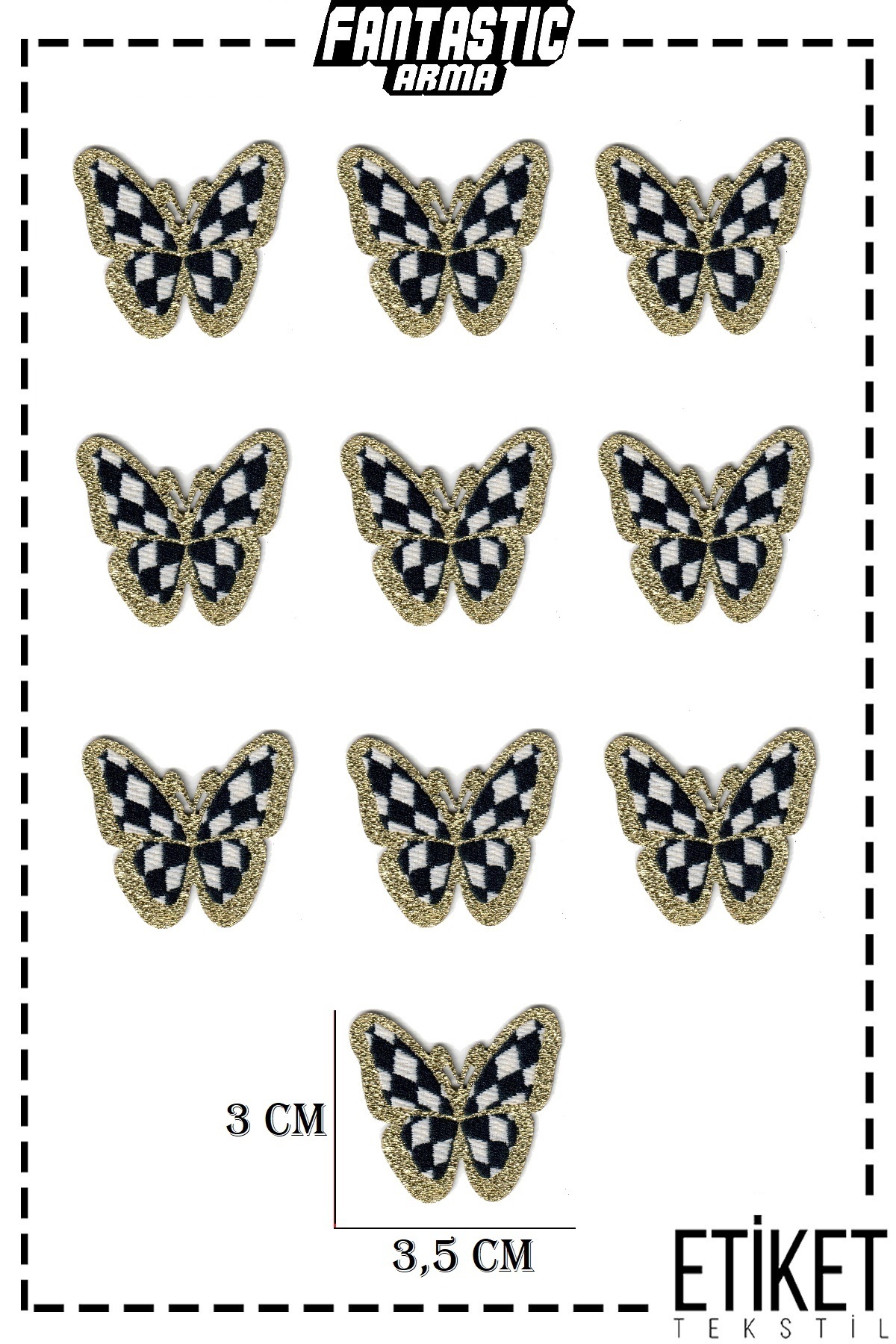 FANTASTIC ARMA 10'lu Paket Ütü Ile Yapışan Dokuma Arma, Ev Tekstili, Simli Dama Desen Kelebek Modeli