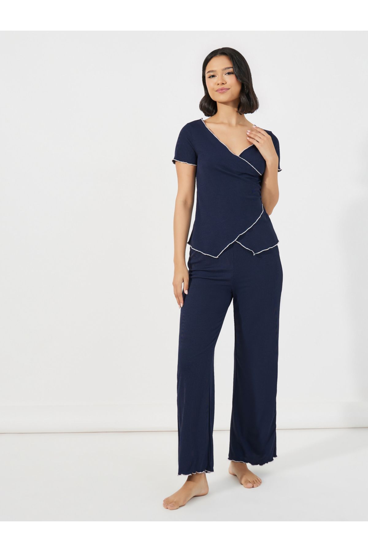 Styli-Mono Contrast Edge Rib Wrap Over T-Shirt & Pyjama Set 1