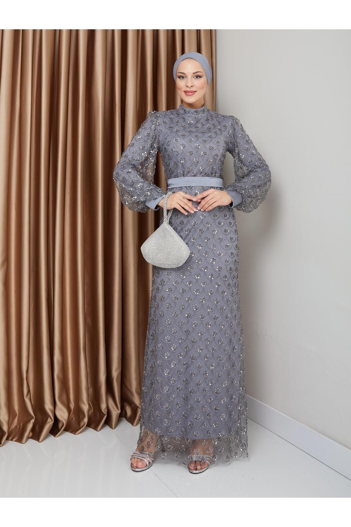 Olcay-Gray Sequined and Beaded Belted Hijab Evening Dress - 1229 2