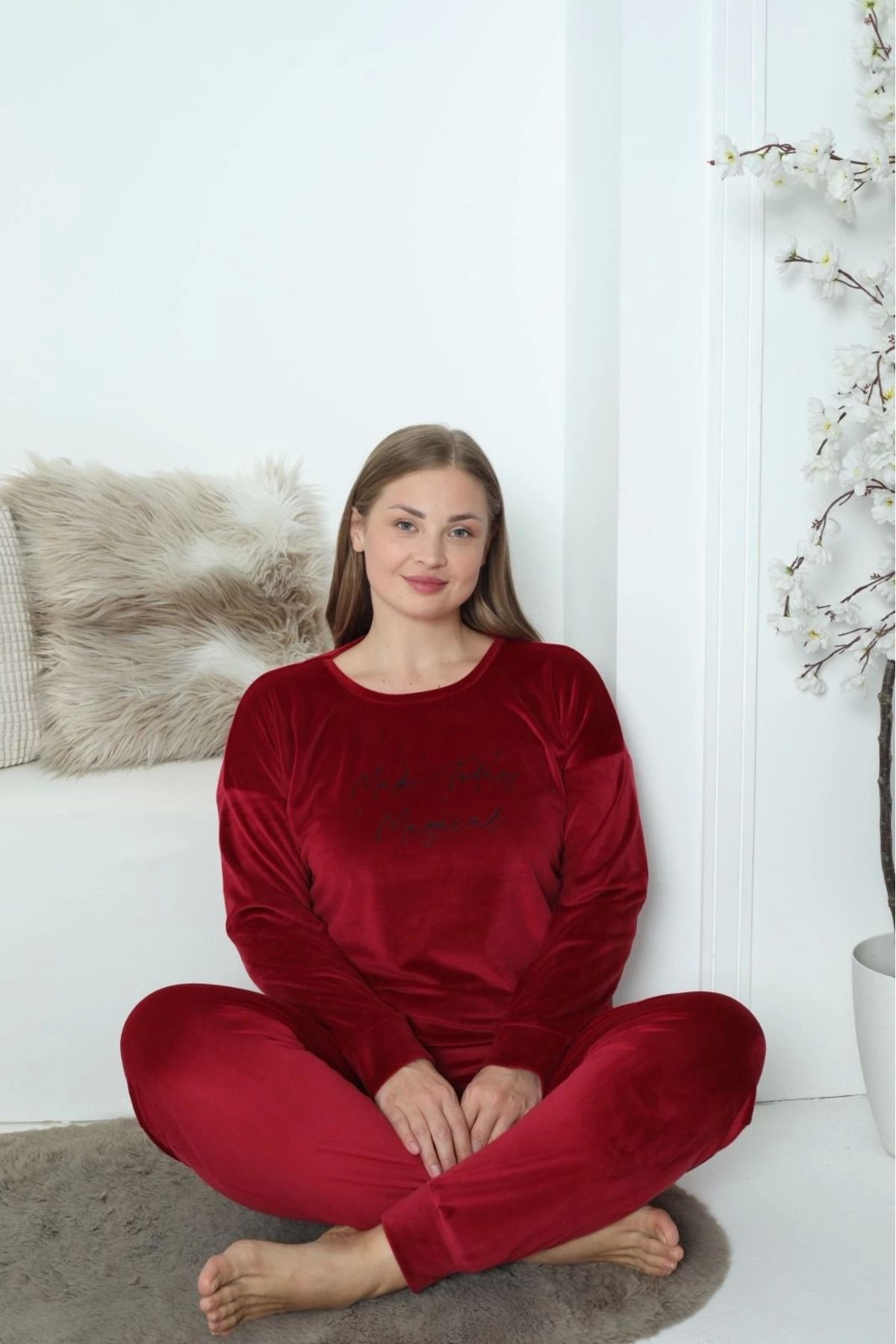 Pijamoni-Plus Size French Velvet Fabric Dark Red Pajamas Set - 4220 1