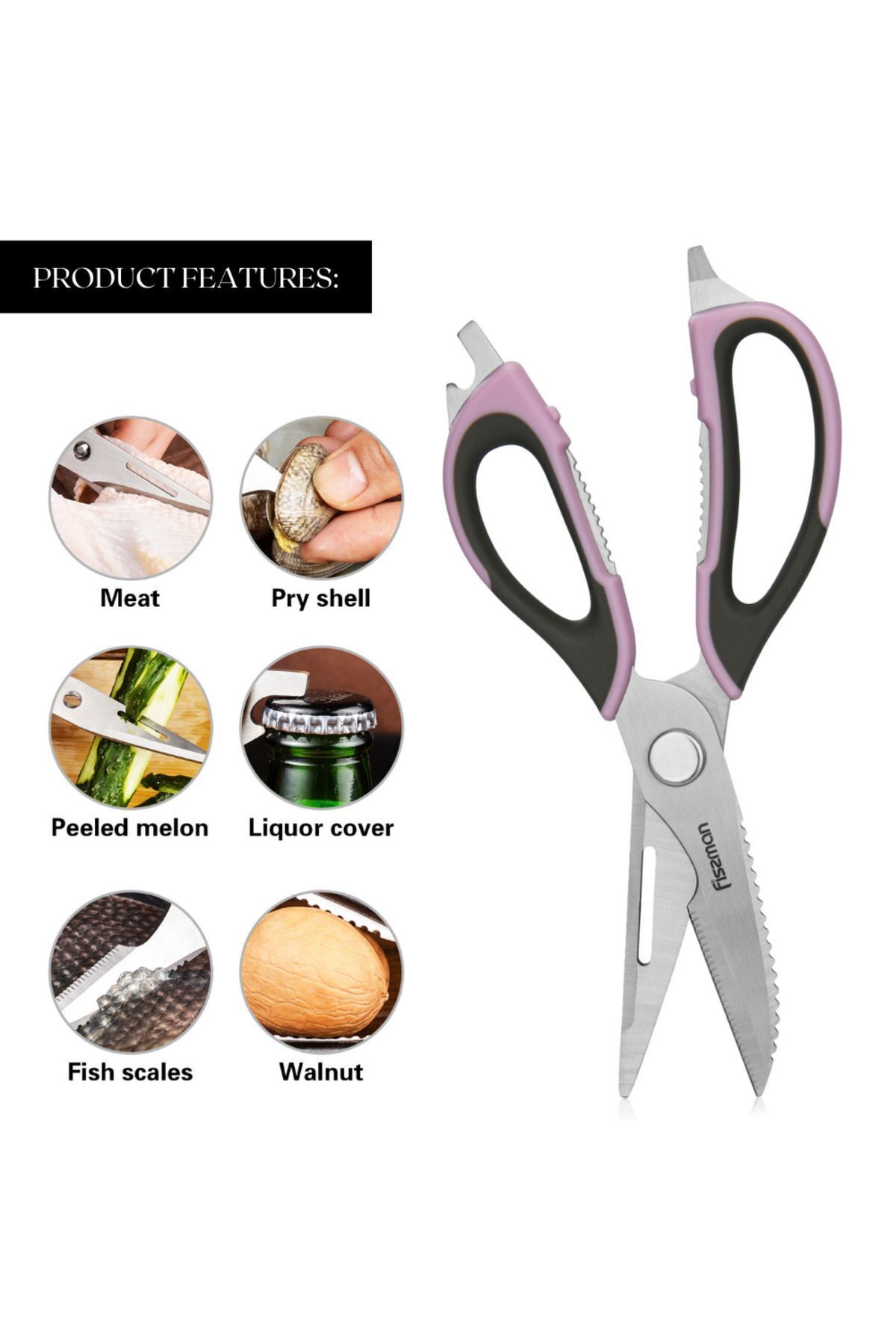 Fissman-Kitchen Scissors Purple/Silver Multifunction Stainless Steel 23cm 3