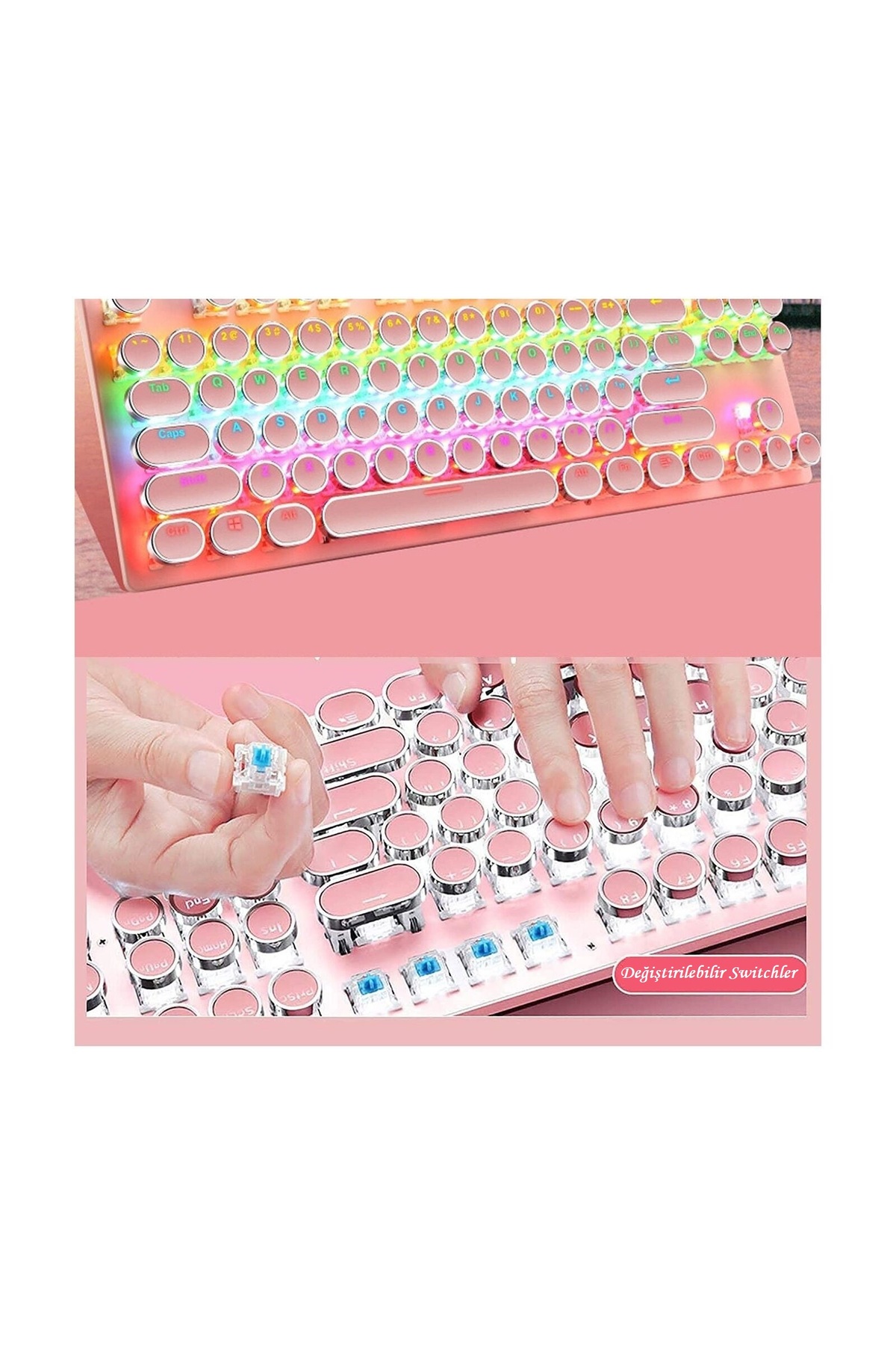 Coverzone Leaven K550 Kablolu Pembe Klavye Daktilo Tarzı Led RGB