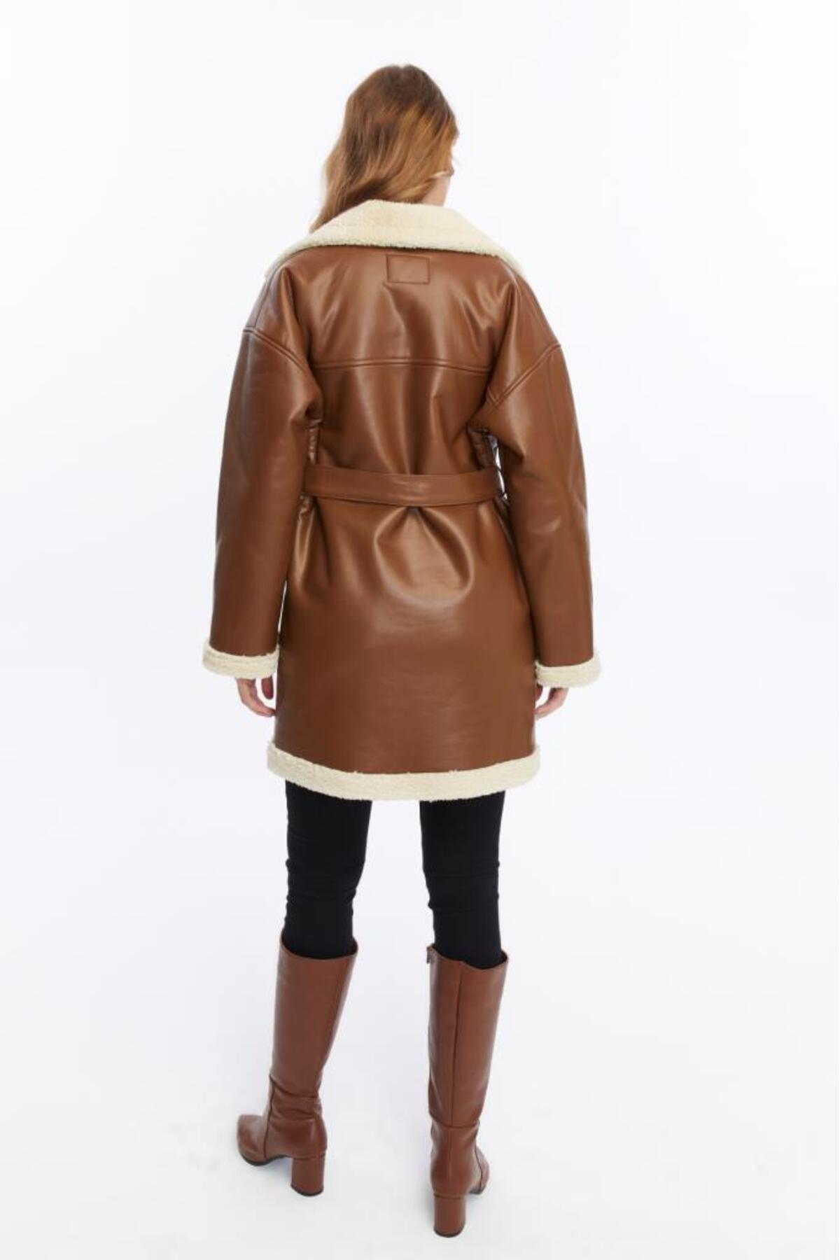Jamila  Kürklü Uzun Suni Deri Kadın Mont - Görsel 8