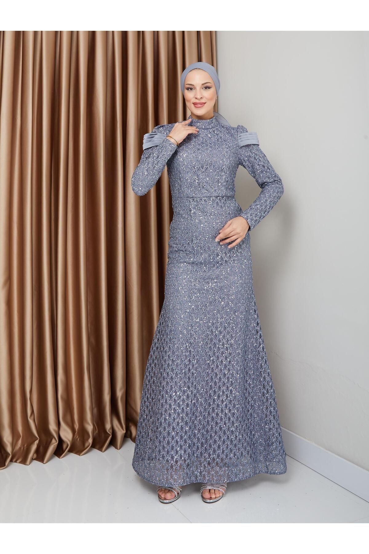 Olcay-Fish Hijab Evening Dress - Satin Detail and Sequin Pea, Grey 1676 1