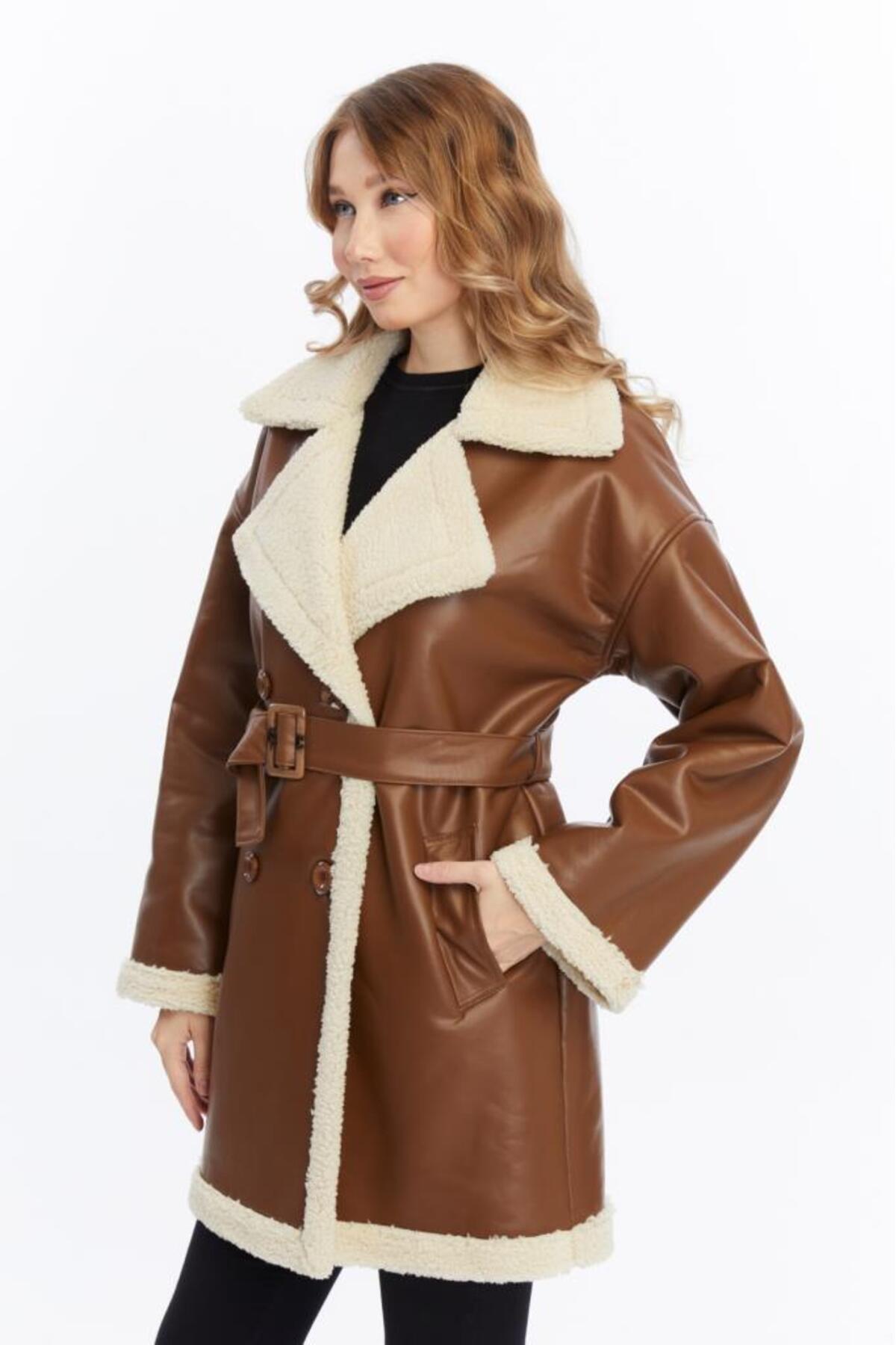 Jamila  Kürklü Uzun Suni Deri Kadın Mont - Görsel 5