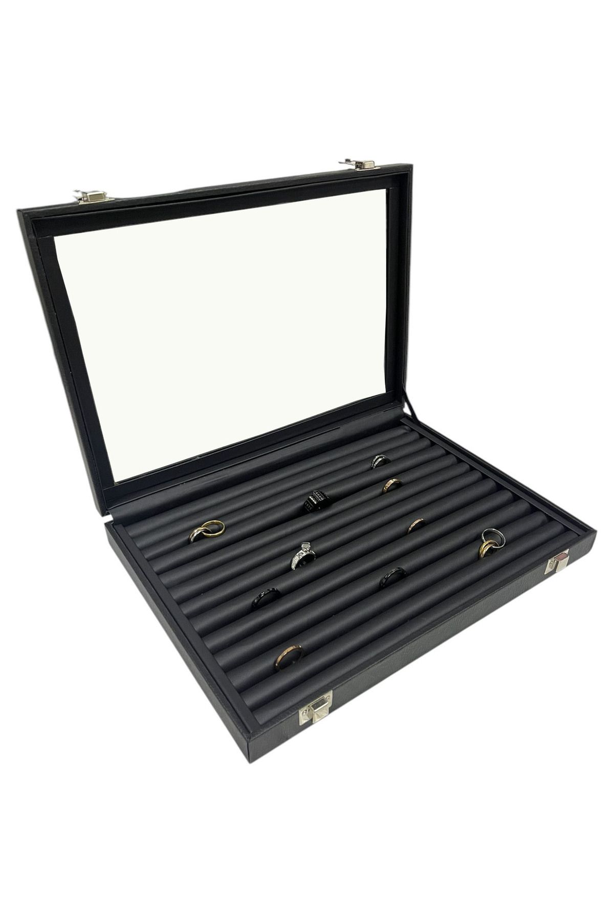 Polo Cross-Ring Box Jewelry Box with Leather Overlay Glass on Mdf 1