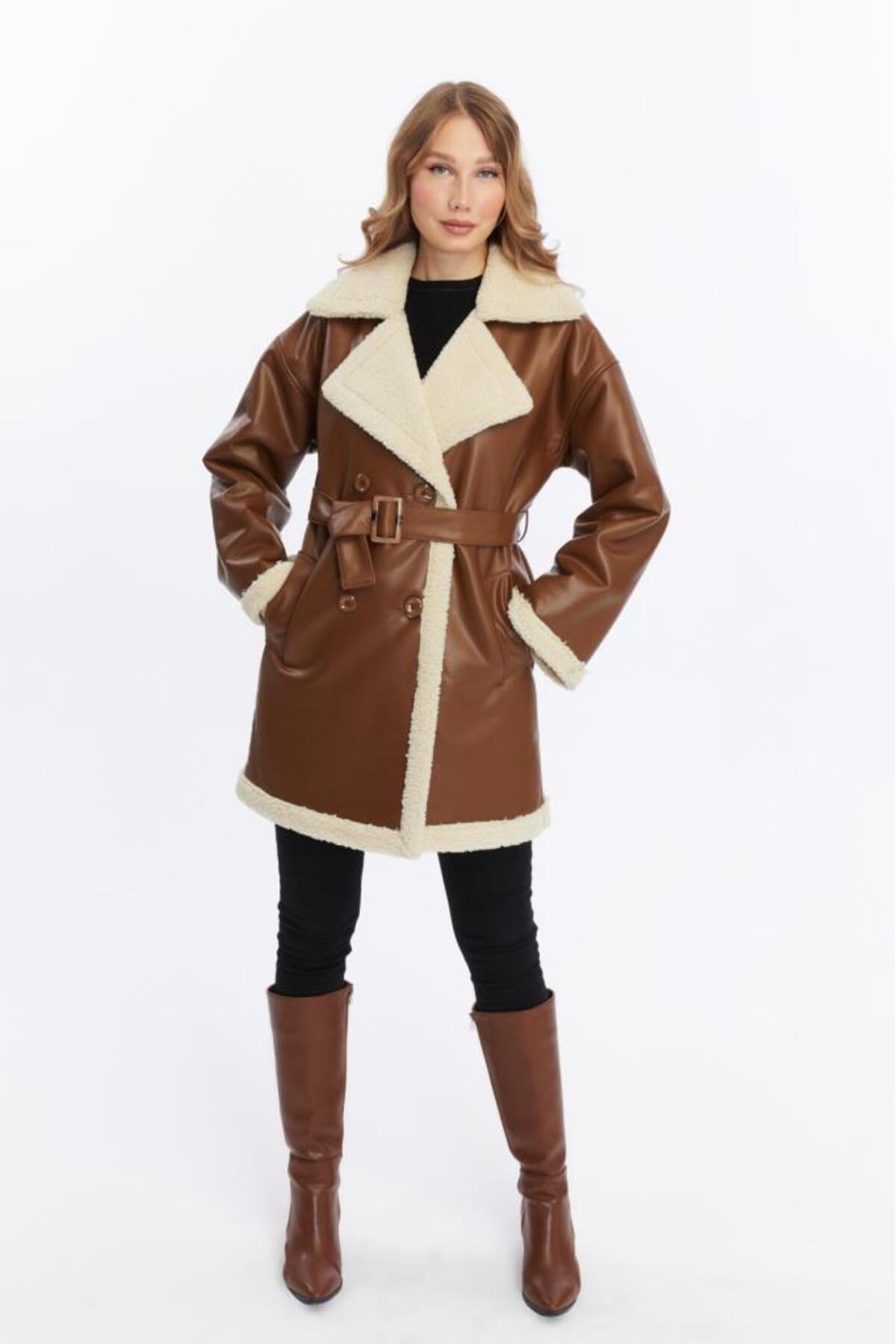 Jamila  Kürklü Uzun Suni Deri Kadın Mont - Görsel 2