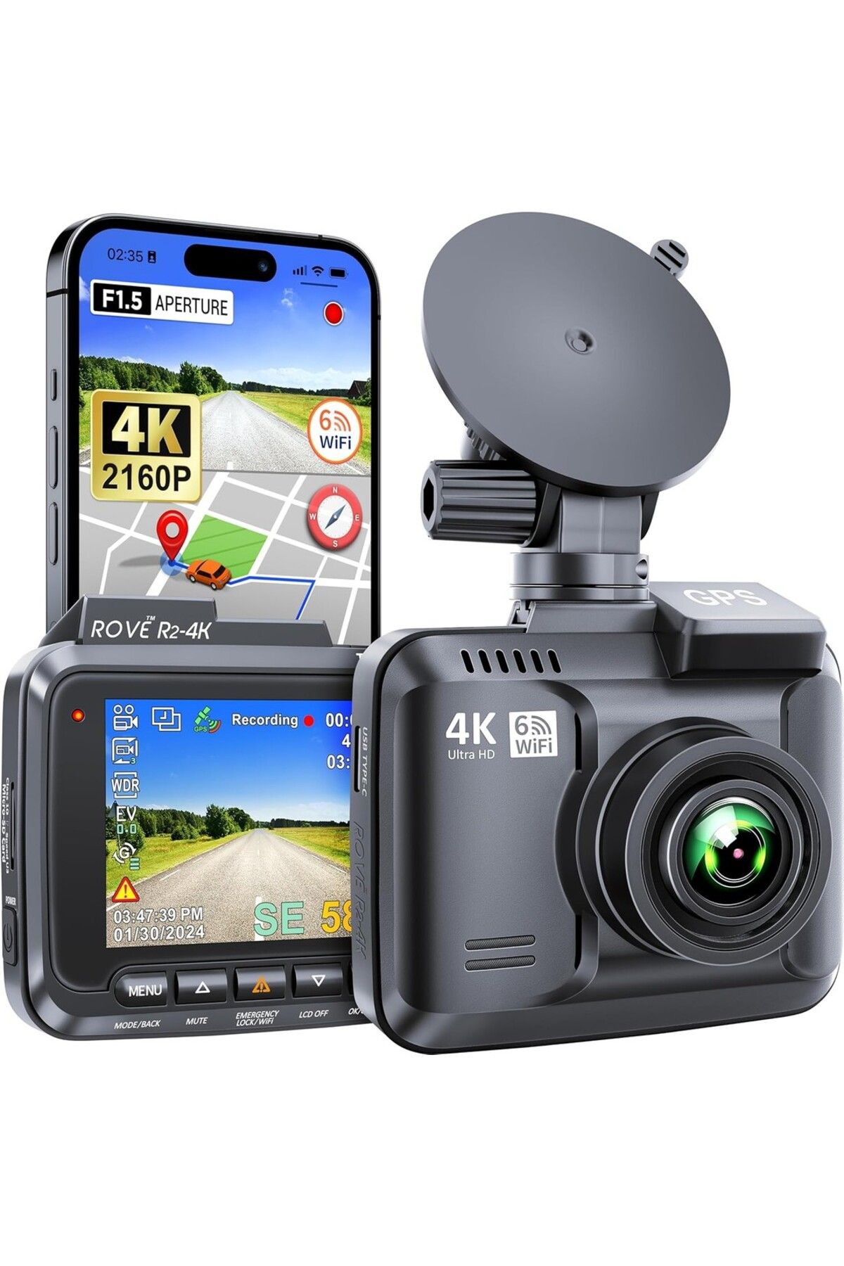 Rove R2-4K Dash Cam, Dahili Wi-Fi, GPS, Geotagging, Konum Takip, 4K Kayıt