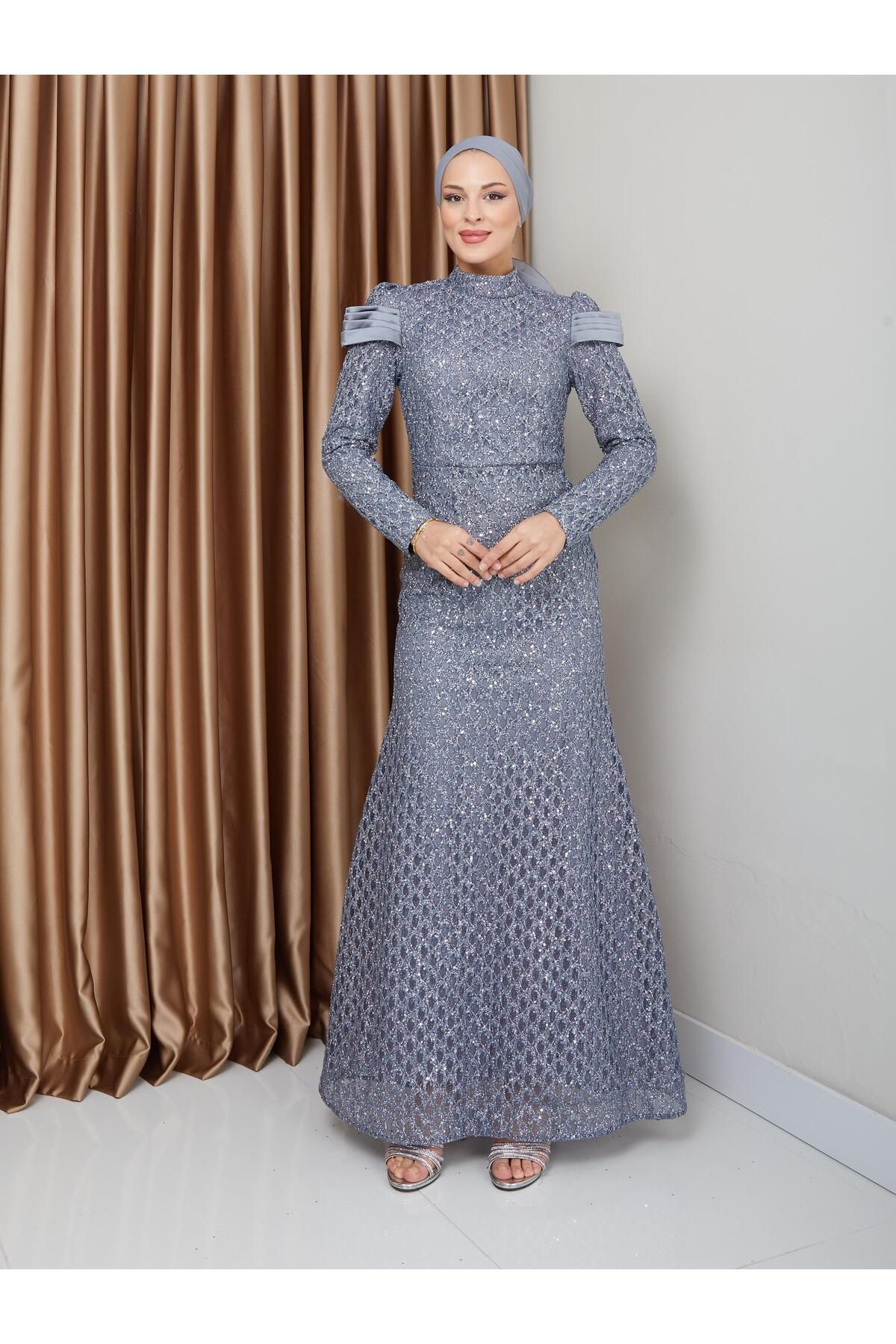 Olcay-Fish Hijab Evening Dress - Satin Detail and Sequin Pea, Grey 1676 2