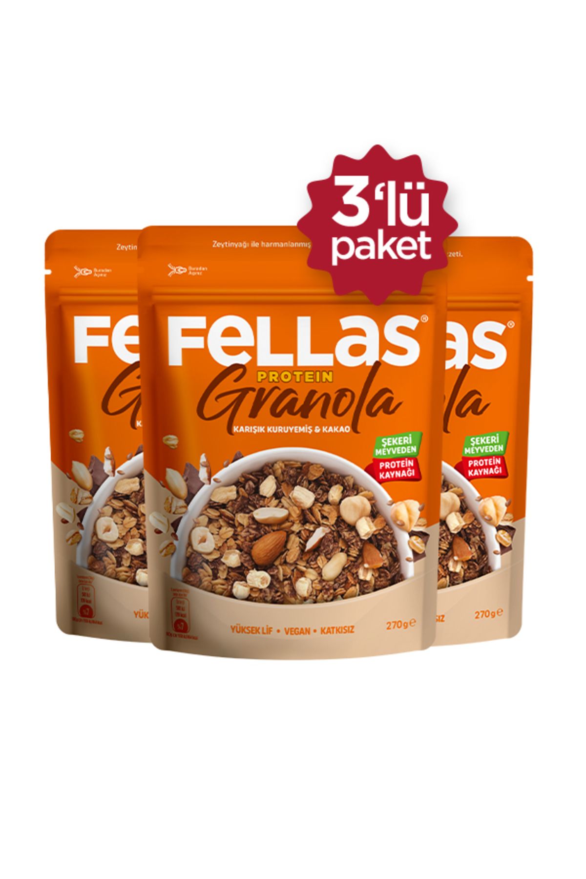 Fellas Protein Granola - Karışık Kuruyemiş & Kakao 270g - 3'lü Paket