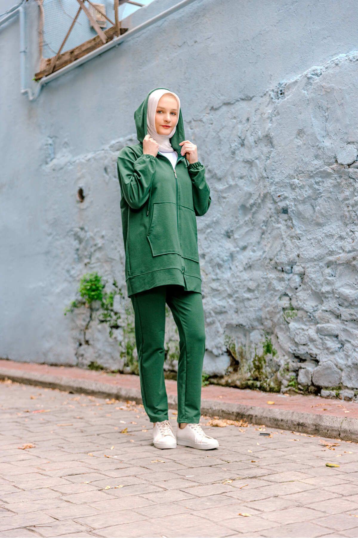 FEEL STYLE-Women's Hijab Tracksuit Set Kangaroo Pocket Green Set 5