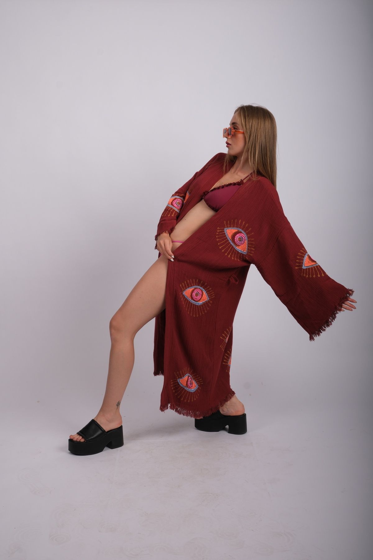 KİMO STUDİO-Burgundy Tree Print Mystic Eye Patterned Muslin Dressing Gown / Bathrobe / Kimono / Bath - Beachwear 3