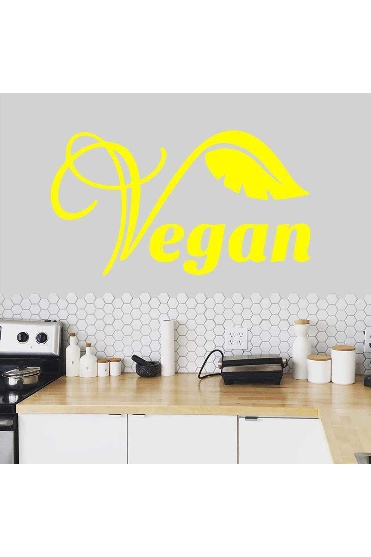 MLH STORE Vegan Yazılı Yaprak Silüet Dekoratif Duvar Sticker, Çıkartma, Etiket Sarı