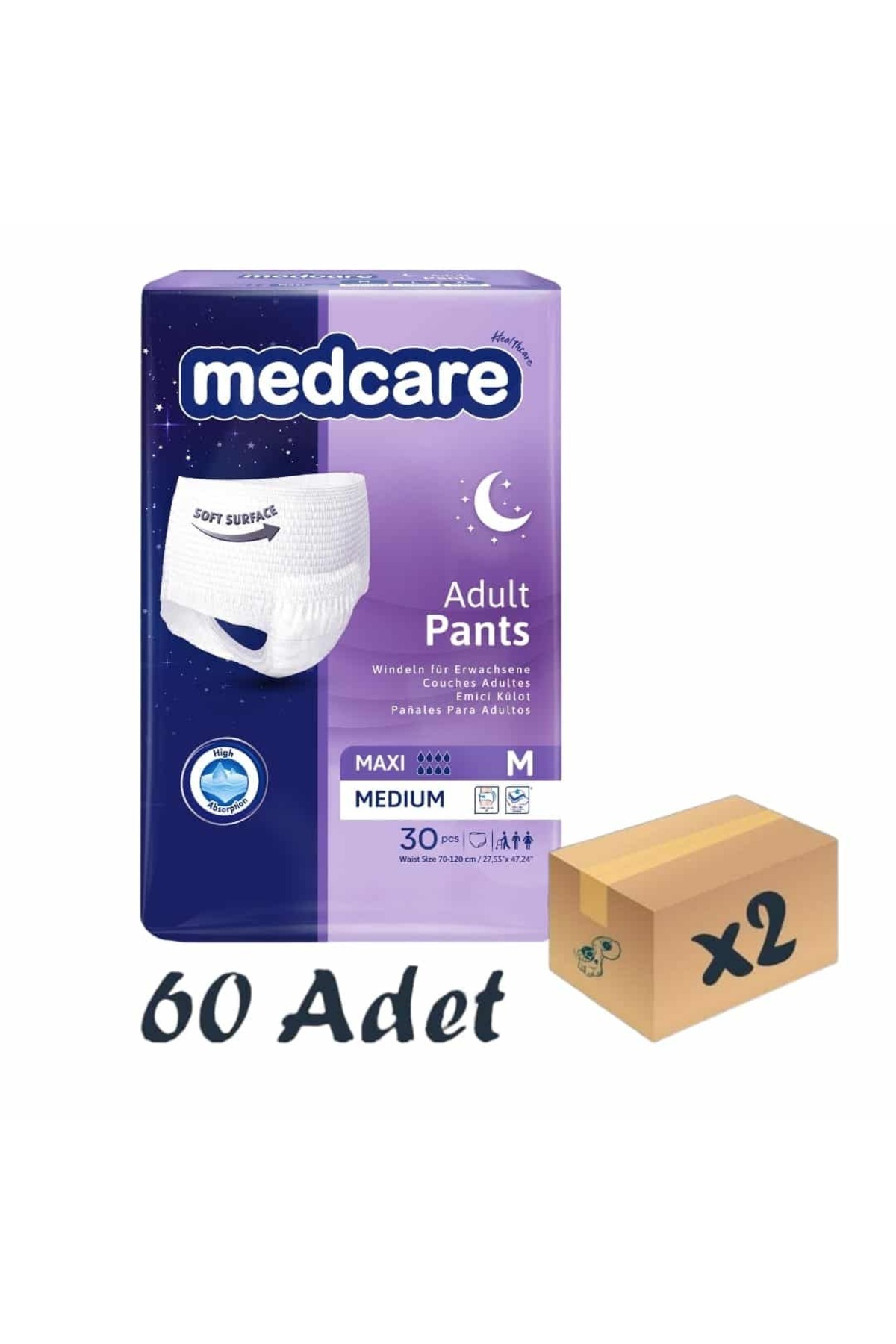 MEDCARE Maxi Emici Külot Yetişkin Hasta Bezi Medium M Beden 8 Damla 30'lu 2 Paket 60 Adet