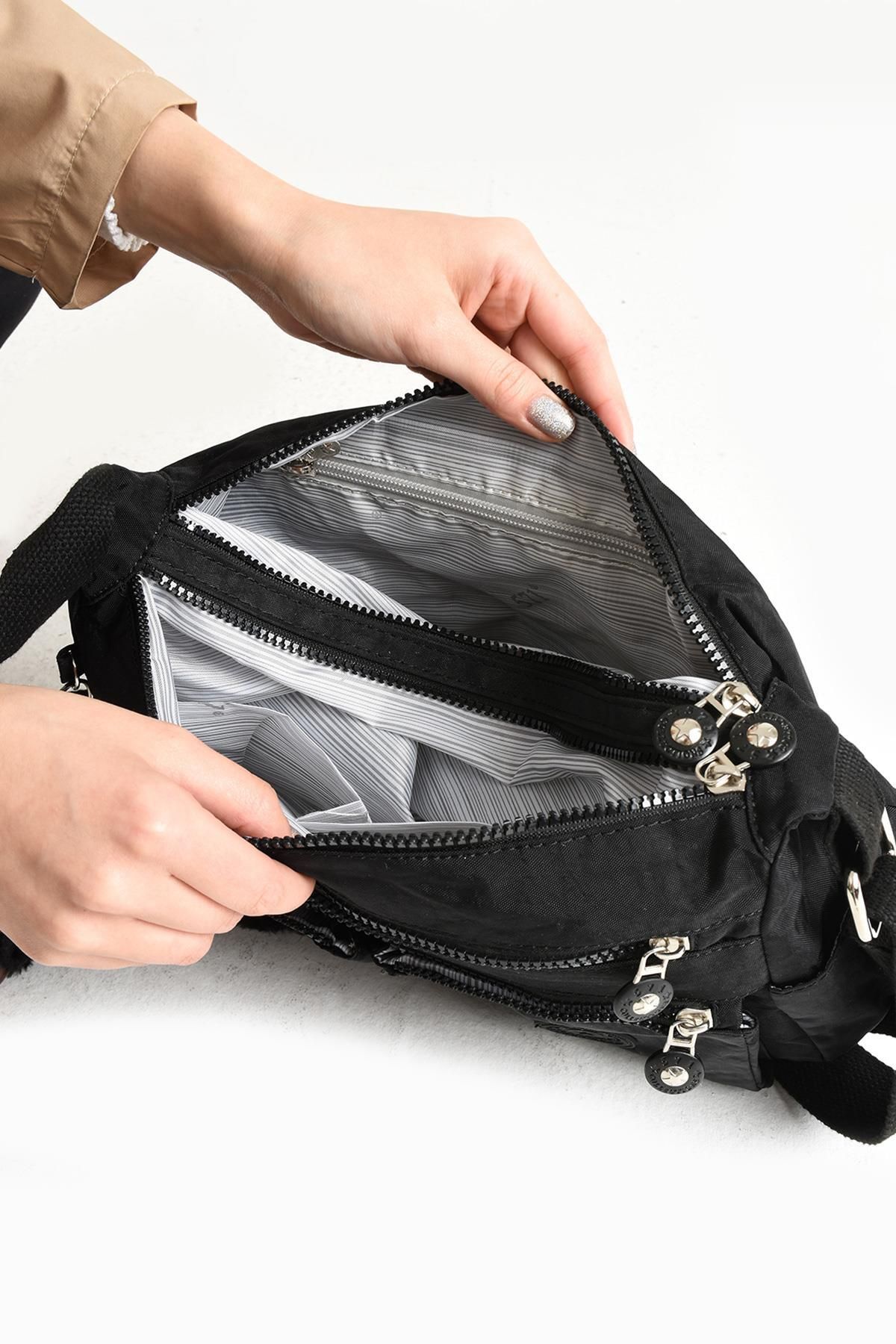 DUOMİNO-Duomino Clinker Multi-Pocket Waterproof Black Crinkle Shoulder Bag / Messenger Bag 2