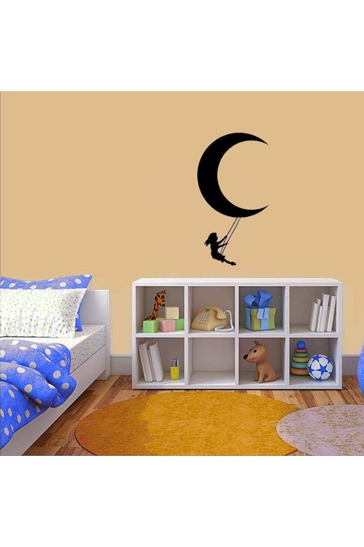 MLH STORE Ay Ve Ay'da Sallanan Kız Çocuğu Silüeti Dekoratif Duvar Sticker, Çıkartma, Etiket