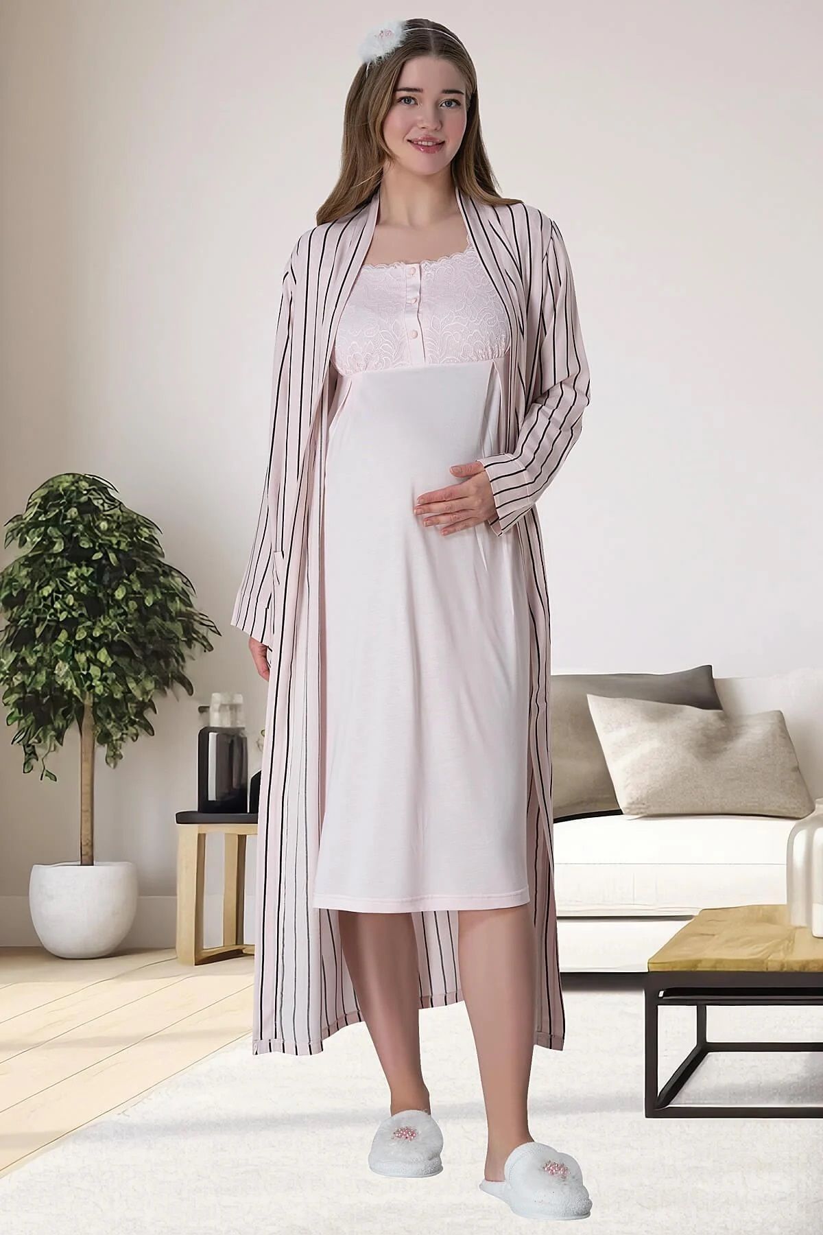 by İGP-Pregnant Maternity Striped Long Dressing Gown Maternity Nightgown Set 1